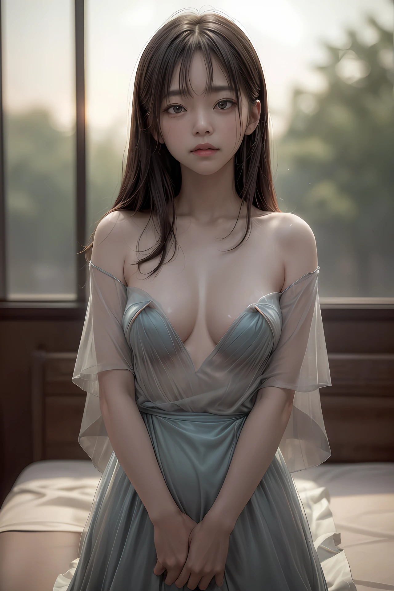 (best quality), (masterpiece), (highres), original, extremely detailed 8K wallpaper, (an extremely delicate), Best quality, masterpiece, (((disgusted and unhappy expression))), (((disgusted face, unhappy face))), Frown, ultra high res, (photorealistic:1.4), raw photo, street photography, photo of a Taiwanese young girl, She play with her own breasts, sweat, sweaty body, (sheer fabric:1.25)(loose:1.5)lace strapless dress, (((medium)saggy breasts)), (bare breasts), (((erect nipple))), ((areolas)), (Korean(kpop idol)), ((puffy eyes)), deep shadow, low key, cold light, deep contrast, bokeh, depth of field, below angle, low angle, (looking at viewer, softly smiling), a photo of a inside a subway, neoism, background crowds, people in backgrounds, ((upper body)), ((straight photo)), exposure blend, medium shot, bokeh, (hdr:1.4), high contrast, (cinematic, teal and orange:0.85), (muted colors, soothing tones:1.3), low saturation, (hyperdetailed:1.2), (nsfw:1.07),