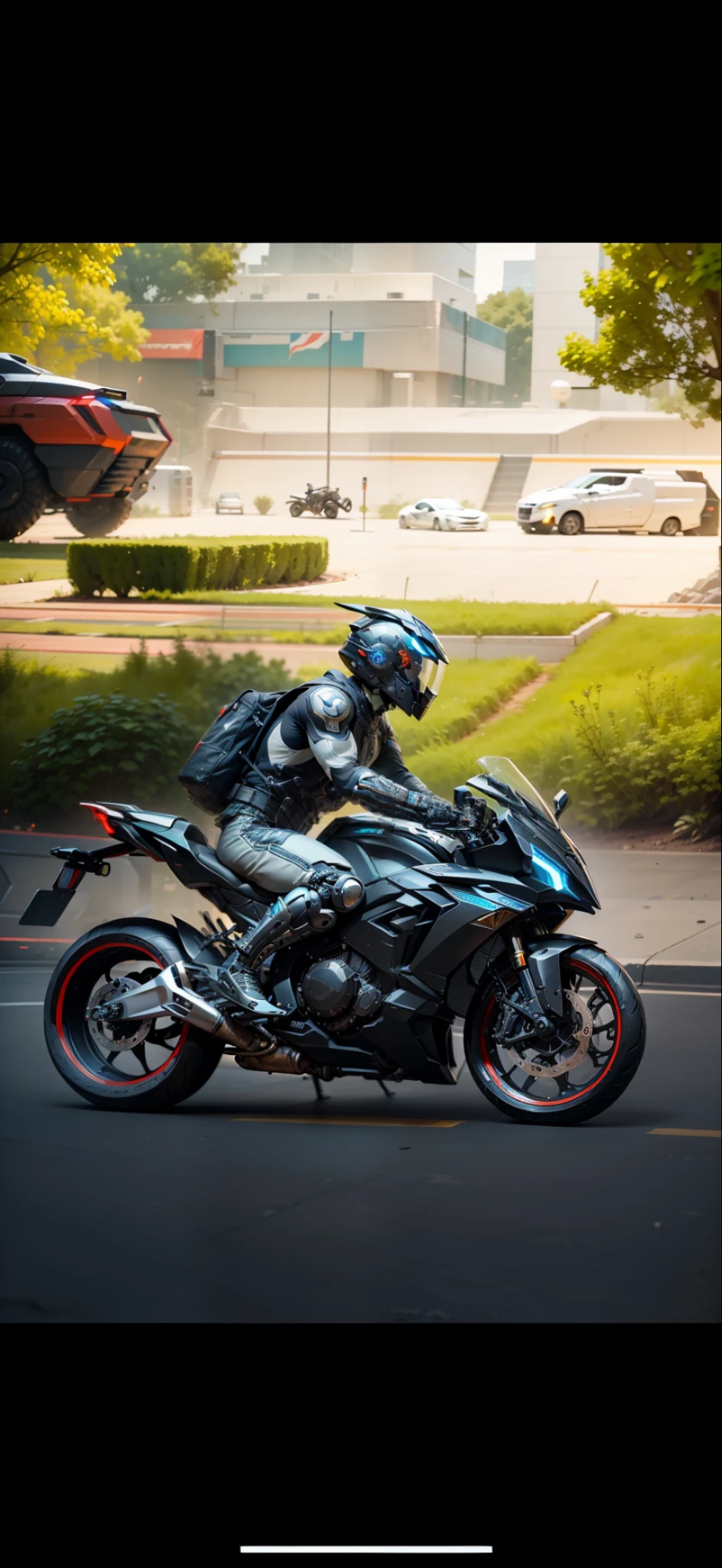 Cyber Warrior & Cybertech Mechanical Motorcycle, Mighty Male Warrior, Nousr, Biomechanics, MSHN Robot Man, Cybertech Full Surround Helmet, Surreal, Steel, Intricate Design, Crazy Detail, Fine Detail, Extremely Clear Lines, Cinematic Lighting, Photo Realistic, Detailed Masterpiece