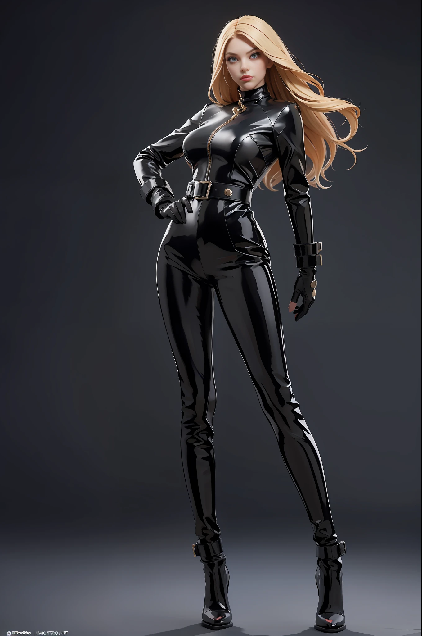full body picture Unreal Engine 5 8K UHD of beautiful female, blonde hair, black tight latex catsuit fashion, two leather belts on hip, latex body harness, latex long sock, latex long glove, arm cuffs and leg cuffs, super star, beautiful make up, best quality, masterpiece