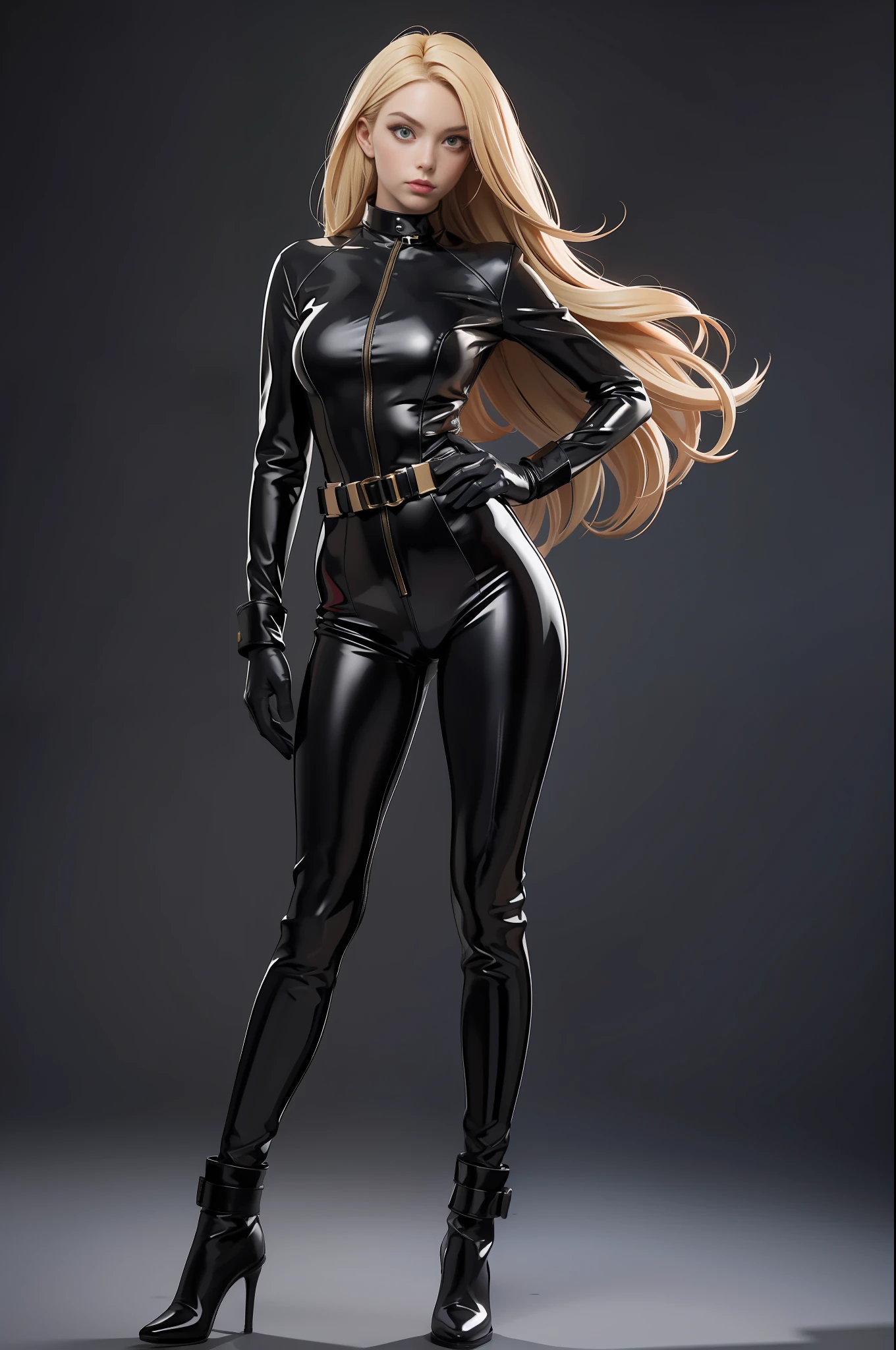 full body picture Unreal Engine 5 8K UHD of beautiful female, blonde hair, black tight latex catsuit fashion, two leather belts on hip, latex body harness, latex long sock, latex long glove, arm cuffs and leg cuffs, super star, beautiful make up, best quality, masterpiece