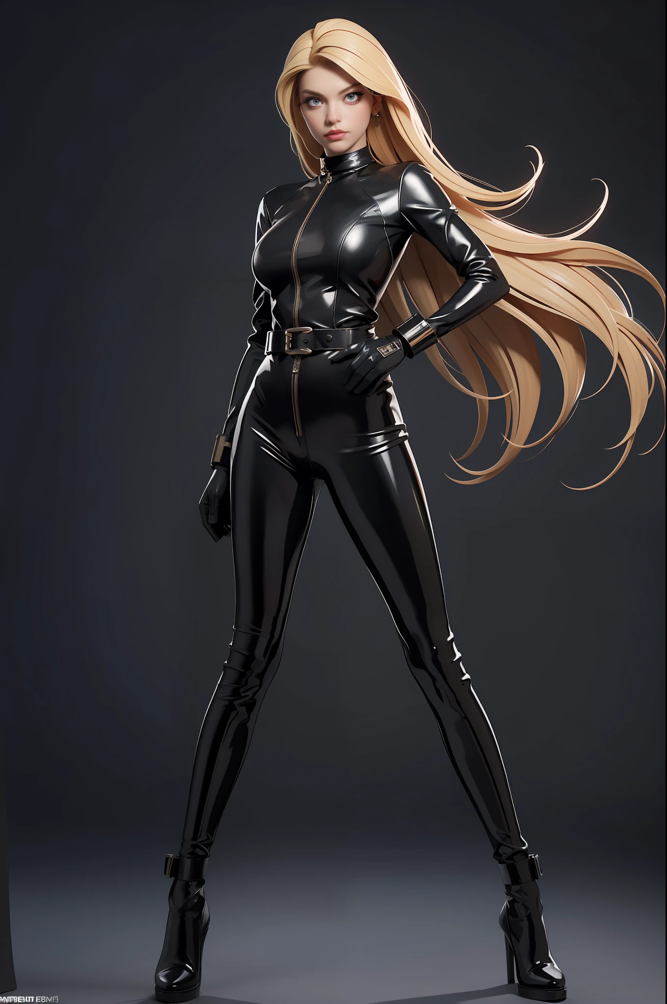 full body picture Unreal Engine 5 8K UHD of beautiful female, blonde hair, black tight latex catsuit fashion, two leather belts on hip, latex body harness, latex long sock, latex long glove, arm cuffs and leg cuffs, super star, beautiful make up, best quality, masterpiece