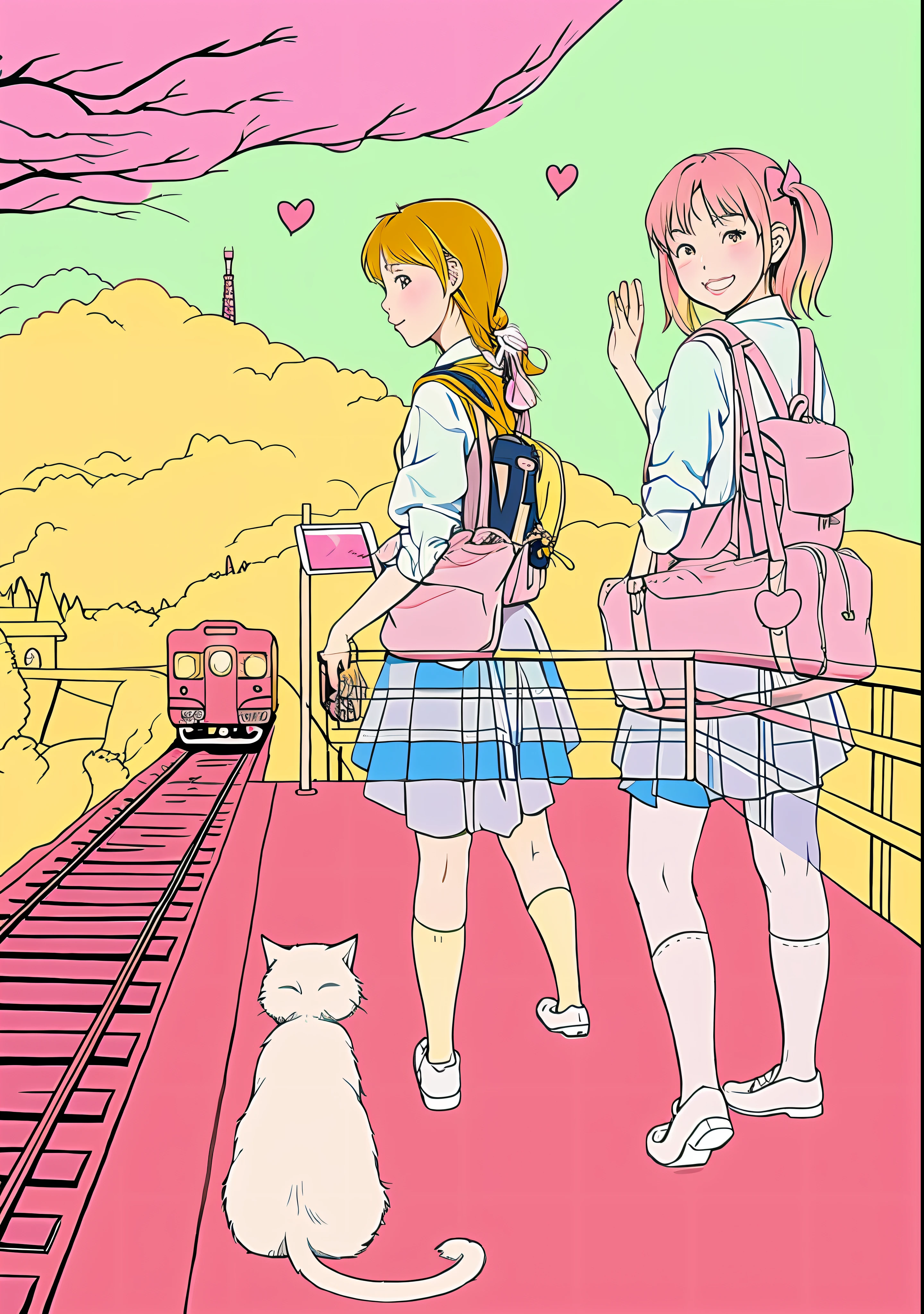Anime coloring page of two girls and a cat on train tracks, anime city line art with clear face, sweet cute, by Nakabokuning, clean line art, perfect line art, clean anime silhouette, full page illustration, Korean manga style