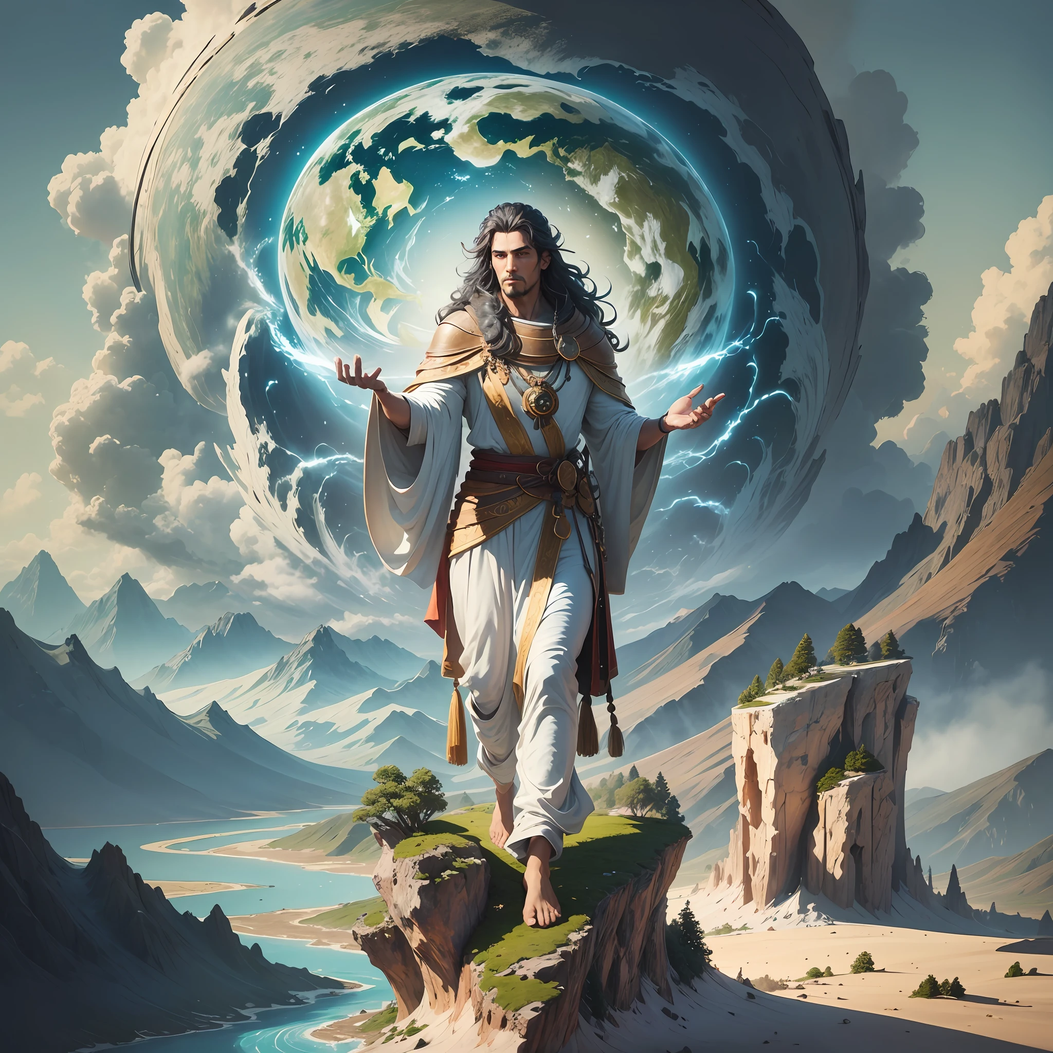 The god of geography is a tall, majestic male figure with a straight body, showing strength and stability. He is muscular and his body is covered with bare earth tattoos, symbolizing his close relationship with the earth.
His face takes on a dark or brown complexion that exudes an air of calm and stability. His eyes were deep and bright, exuding wisdom and solemnity. A light smoke looms between his eyebrows, symbolizing his connection to geographical knowledge.
His hair is like a vibrant forest, long and thick, hiding all kinds of natural elements and strange creatures. Sometimes the hair floats, as if it contains the energy of the earth.
He wears a gorgeous and ancient robe embroidered with various geographical elements such as mountains, rivers, forests, as well as the creatures and plants of nature. The motifs on the robe seem to have a spiritual power, showing the mystery and charm of the god of geography.
He holds a globe symbolizing a scepter, on which geographical features and various landforms are drawn. The globe emits a faint glow, representing his control and protection of the earth.
At the foot of the god of geography, a rich and diverse geographical landscape is revealed, such as mountains, deep valleys, seas and picturesque lakes. These landscapes flow with magical energy, symbolizing geographical knowledge and the magic of nature.
The god of geography exudes a solemn and mysterious aura, and he is the creator and guardian of geography. He led mankind to explore and understand the mysteries of the earth, giving it life and meaning.
The image of this geographical god is full of power, wisdom and majesty, symbolizing the infinite charm of geographical knowledge and the magic of nature. He is the link between the earth and humanity, protecting the balance and harmony of the earth. --auto --s2