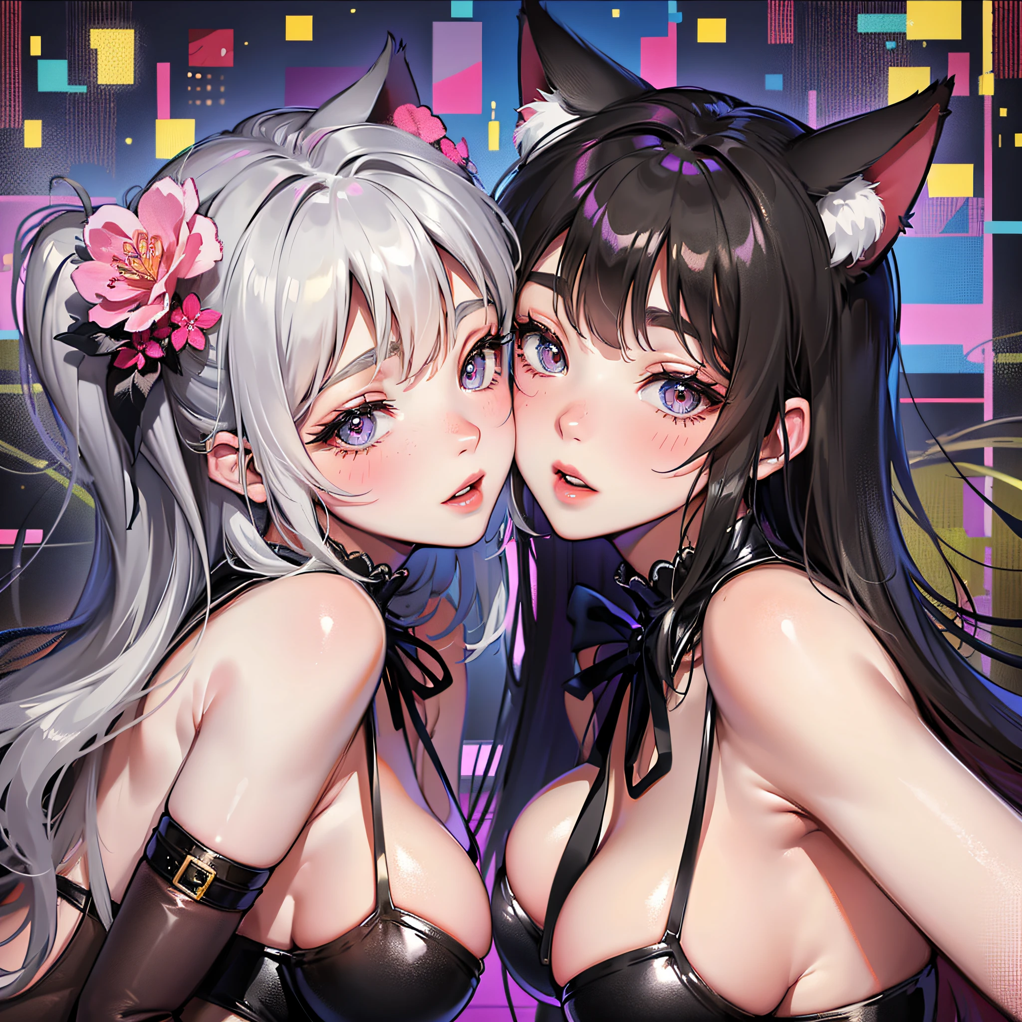 swimsuit maid beautiful breasts lesbian kissing blush two-dimensional cat ears --auto --s2