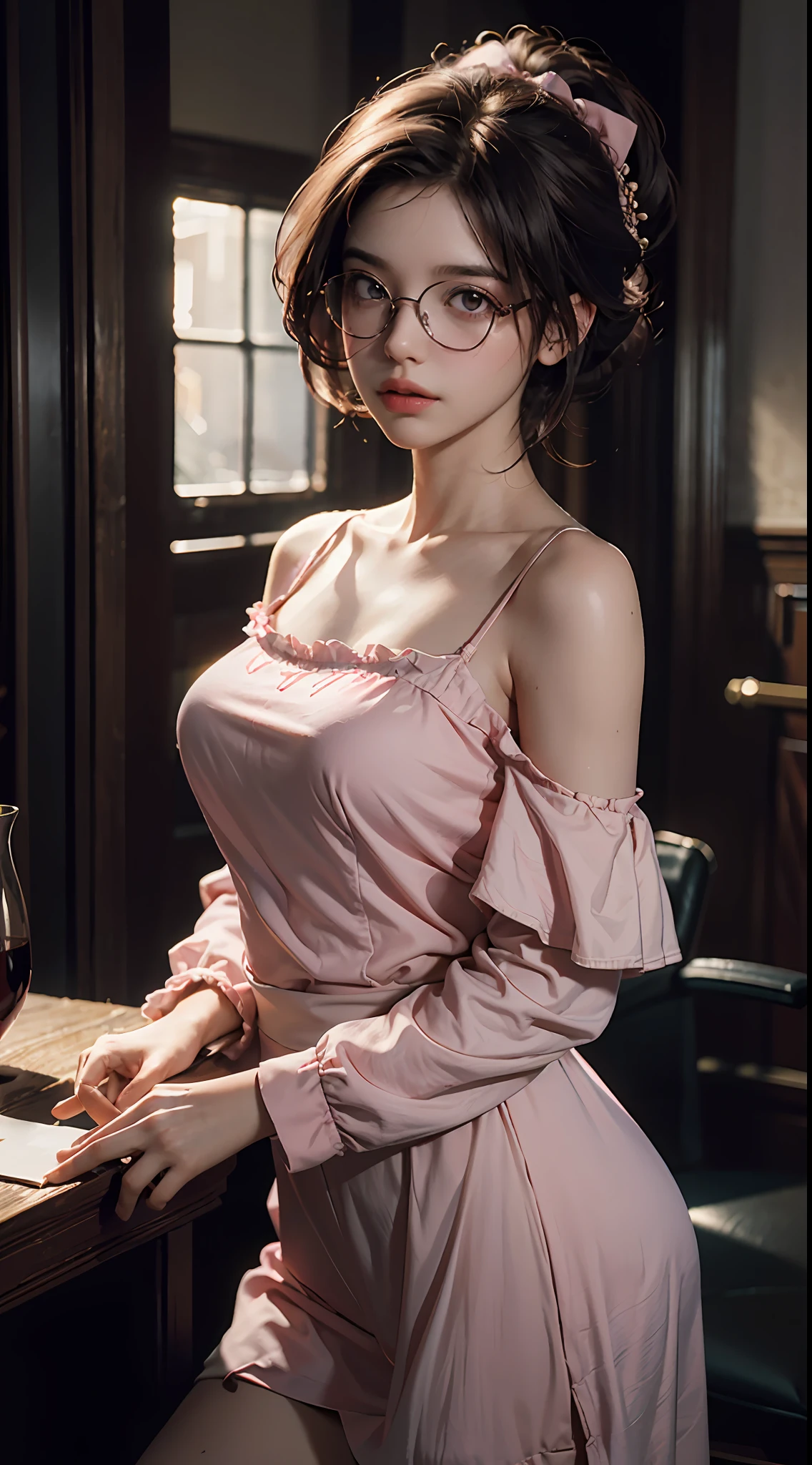 Best Quality, Masterpiece, Ultra High Resolution, (Realisticity: 1.4), Original Photo, 1girl, Pink Off-the-Shoulder, Cinematic Lighting, glasses