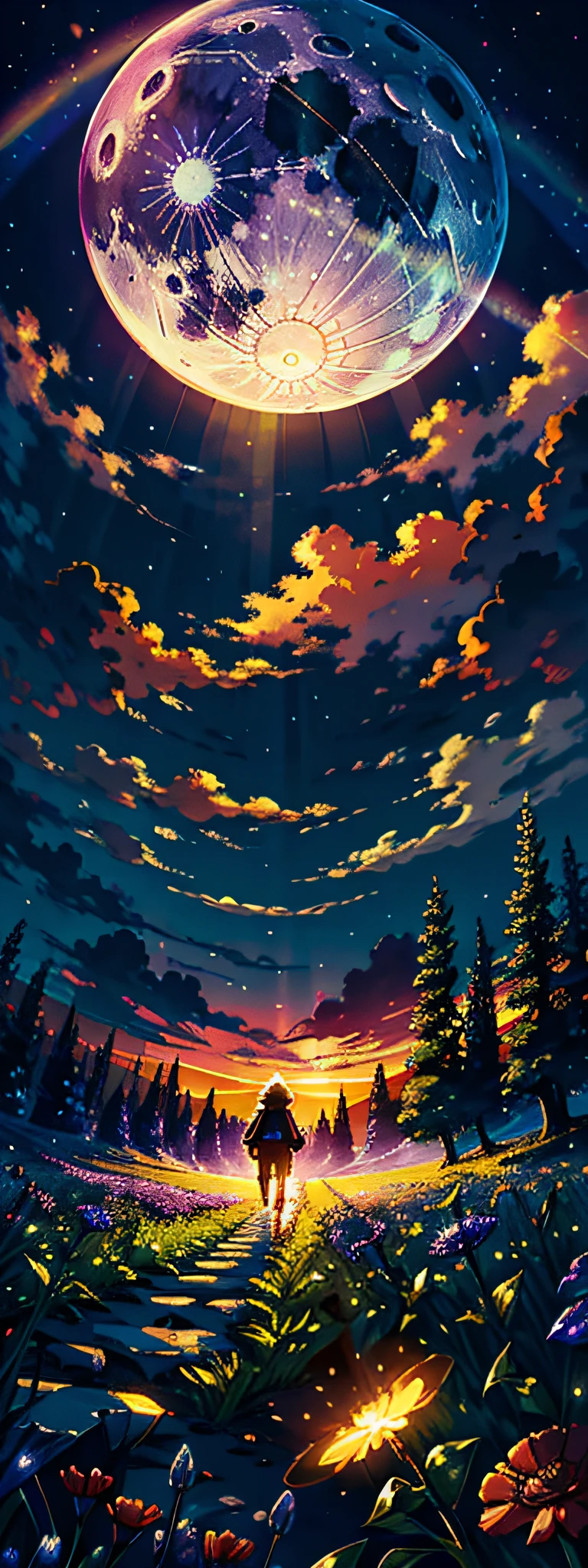A wide landscape photo, (viewed from below, the sky is above, and the open field is below), a girl standing on a flower field looking up, (full moon: 1.2), (meteor: 0.9), (nebula: 1.3), distant mountains , Trees BREAK Crafting Art, (Warm Light: 1.2), (Firefly: 1.2), Lights, Lots of Purple and Orange, Intricate Details, Volumetric Lighting BREAK (Masterpiece: 1.2), (Best Quality), 4k, Ultra Detailed, (Dynamic Composition: 1.4), Rich in Detail and Color, (Rainbow Color: 1.2), (Glow, Atmospheric Lighting), Dreamy, Magical, (Solo: 1.2)