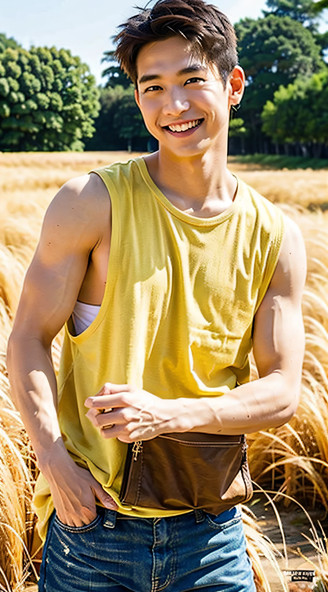 Best Quality, Ultra High Resolution, (Realistic:1.4), Masterpiece, Blurred Background ,Muscle, Solo, 1 Boy, Young , Standing, White Skin, Shirt, Posing, Facial Focus, Smile, Shut Up, (in Golden Rice Paddie)