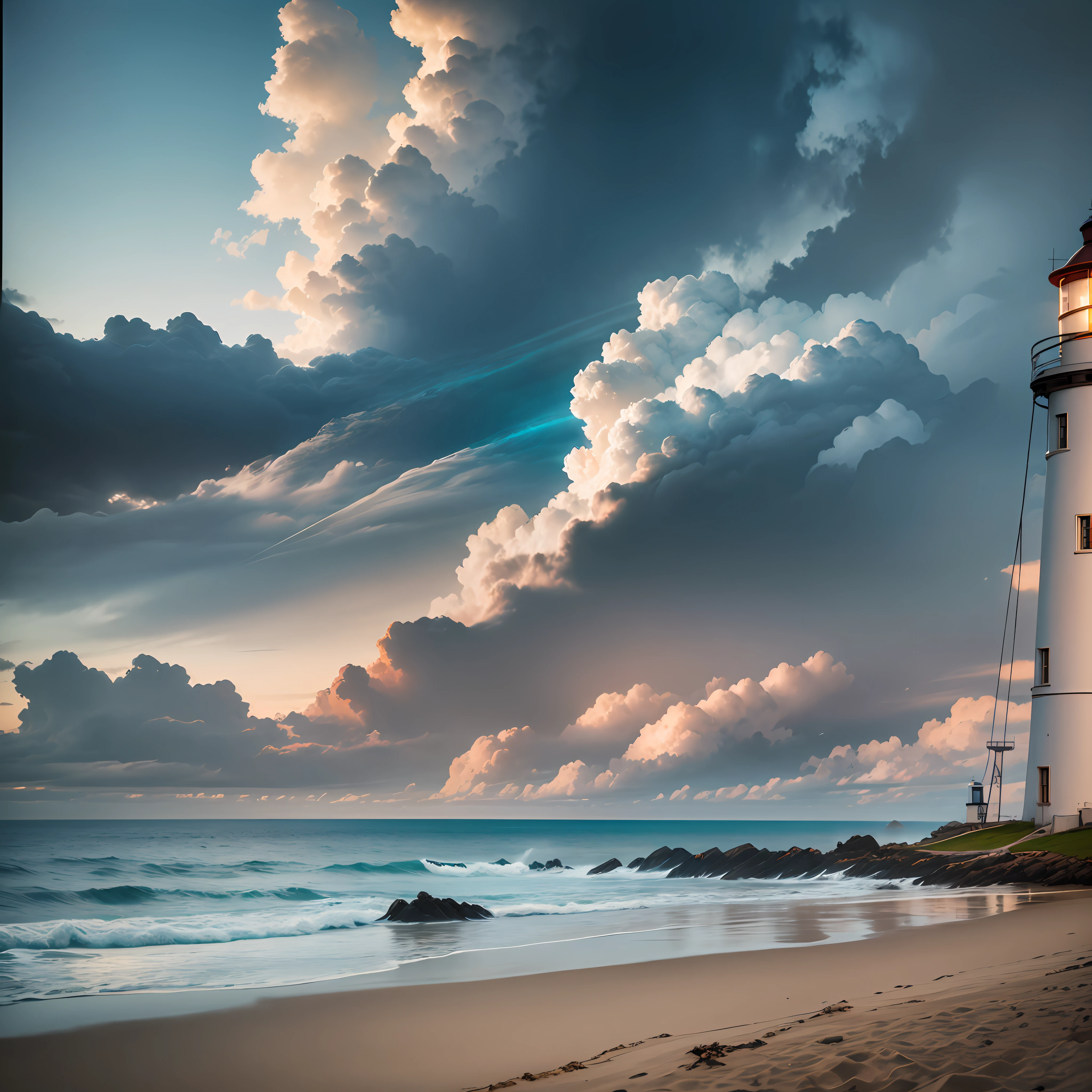 Movie texture, clear water bay freedom lighthouse, there are several boats, evening, clouds on the sea, light through the cloud Tyndall effect, there is a string of footprints on the beach into the sea, on the beach stands a picture frame, inside the frame is the back of a long-haired girl --auto --s2