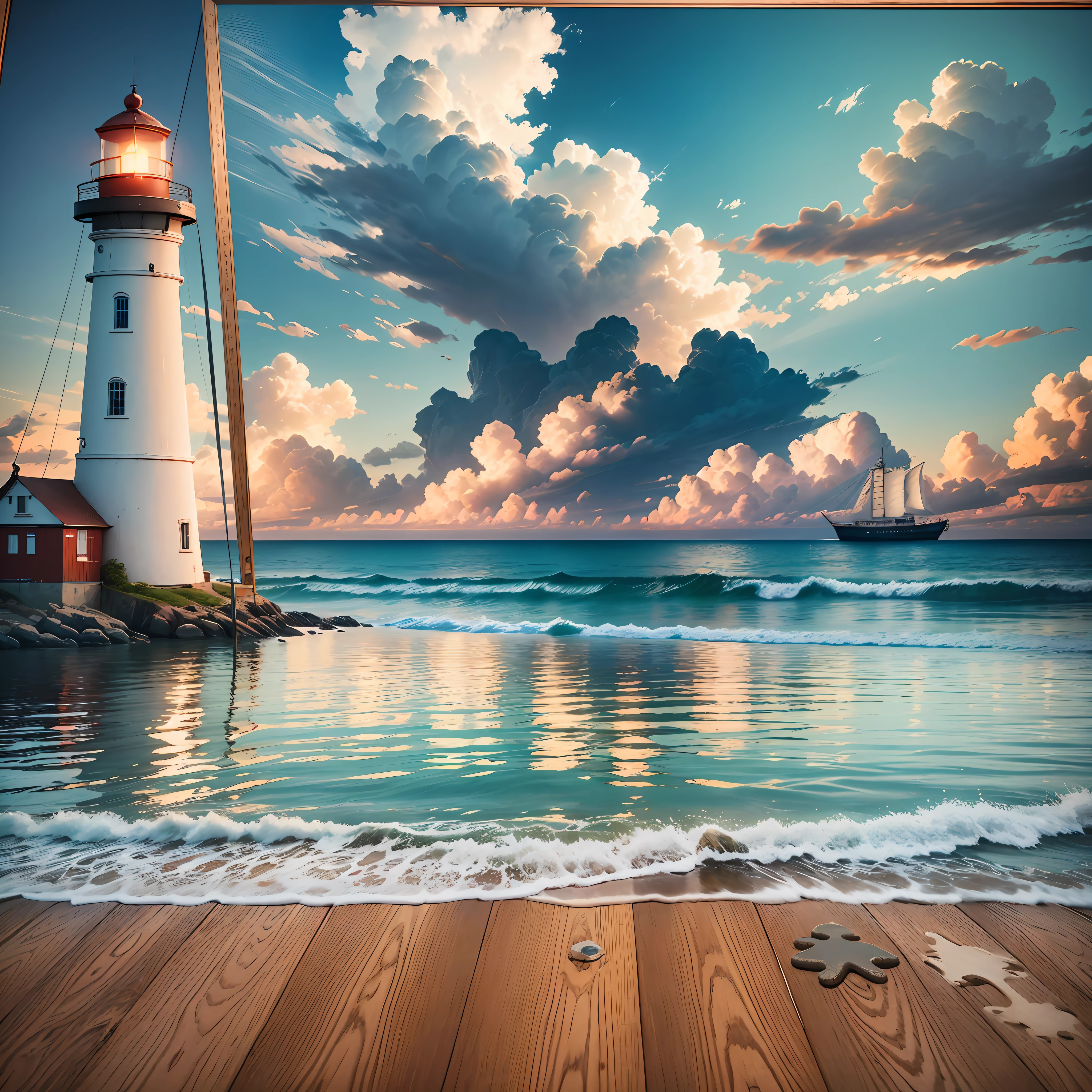 Movie texture, clear water bay freedom lighthouse, there are several boats, evening, clouds on the sea, light through the cloud Tyndall effect, there is a string of footprints on the beach into the sea, on the beach stands a picture frame, inside the frame is the back of a long-haired girl --auto --s2