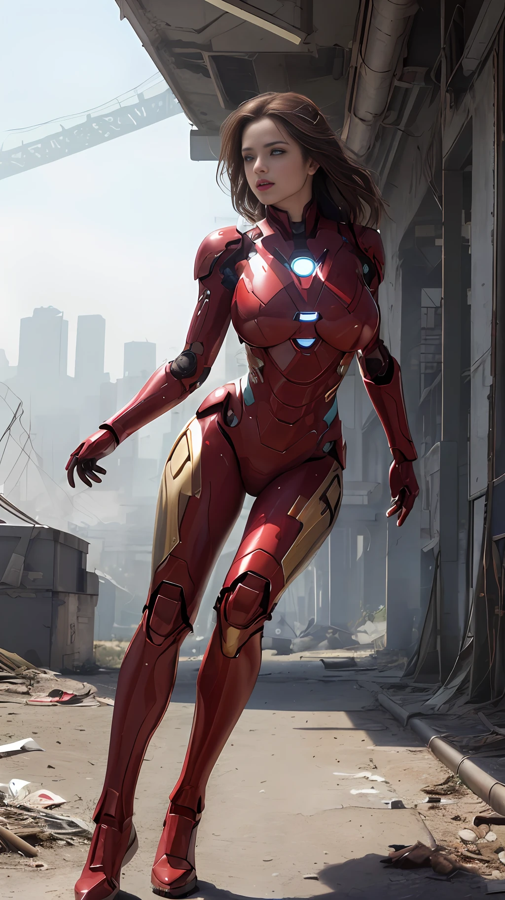 RAW, Masterpiece, Super Fine Photo,, Best Quality, Ultra High Resolution, Photorealistic Photorealism, Sunlight, Full Body Portrait, Amazing Beauty,,Dynamic Pose,Delicate Face,Vibrant Eyes,(from the side), She Wears Futuristic Iron Man Mech, Red and Gold Color Scheme, Very Detailed Abandoned Warehouse Background, Detailed Face, Detailed Complex Busy Background, Messy, Gorgeous, Milky White, Highly Detailed Skin, Realistic Skin Details, Visible Pores, Sharp Focus, Volume Fog, 8K UHD, DSLR, high quality, film grain, fair skin, photo realism, lomography, huge metropolis in future dystopia , seen from below, translucent, (without leaking big breasts)
