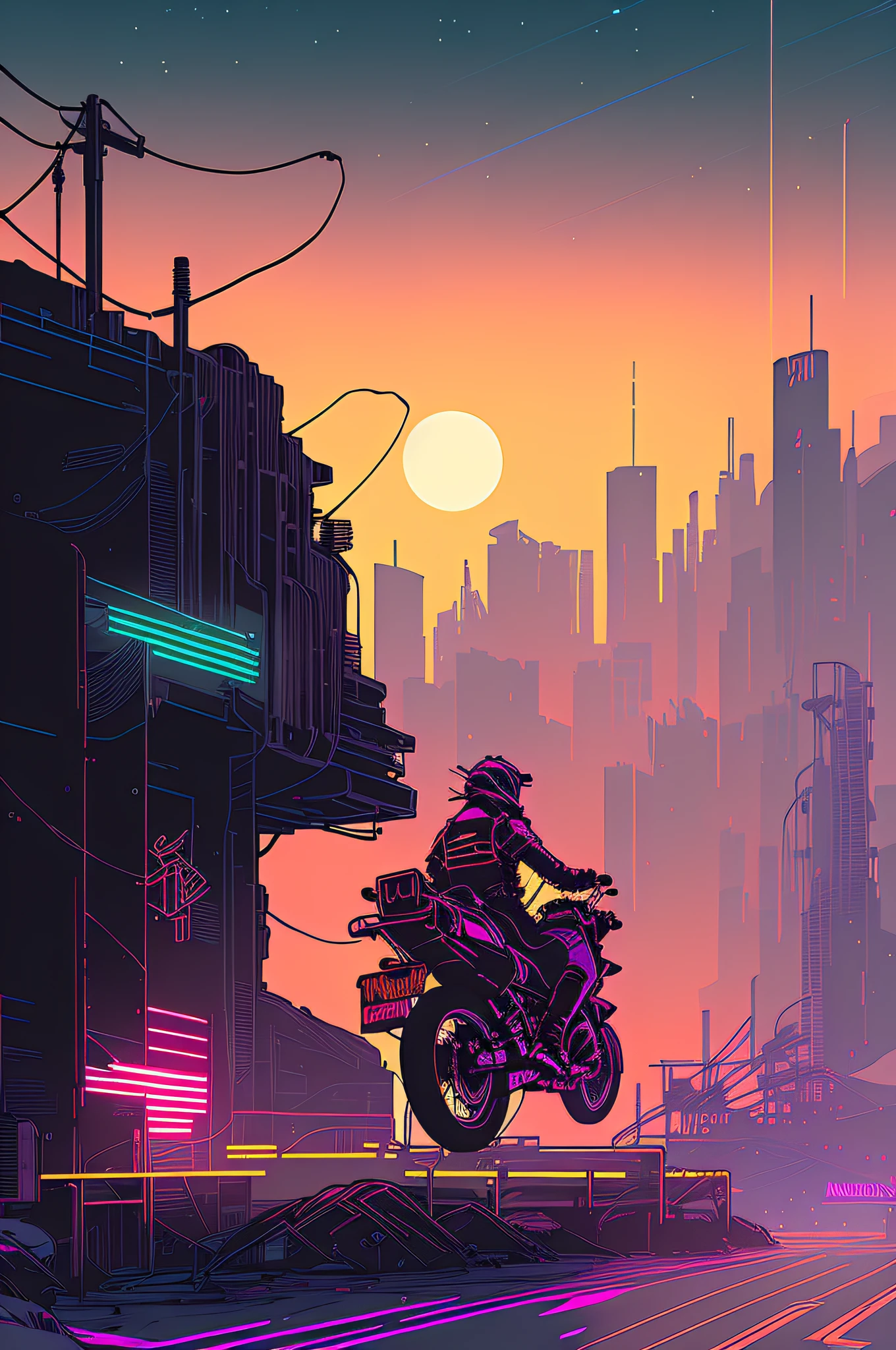 (nvinkpunk:1.2) snthwve style motorcycle, light wave, sunset, intricate, very detailed