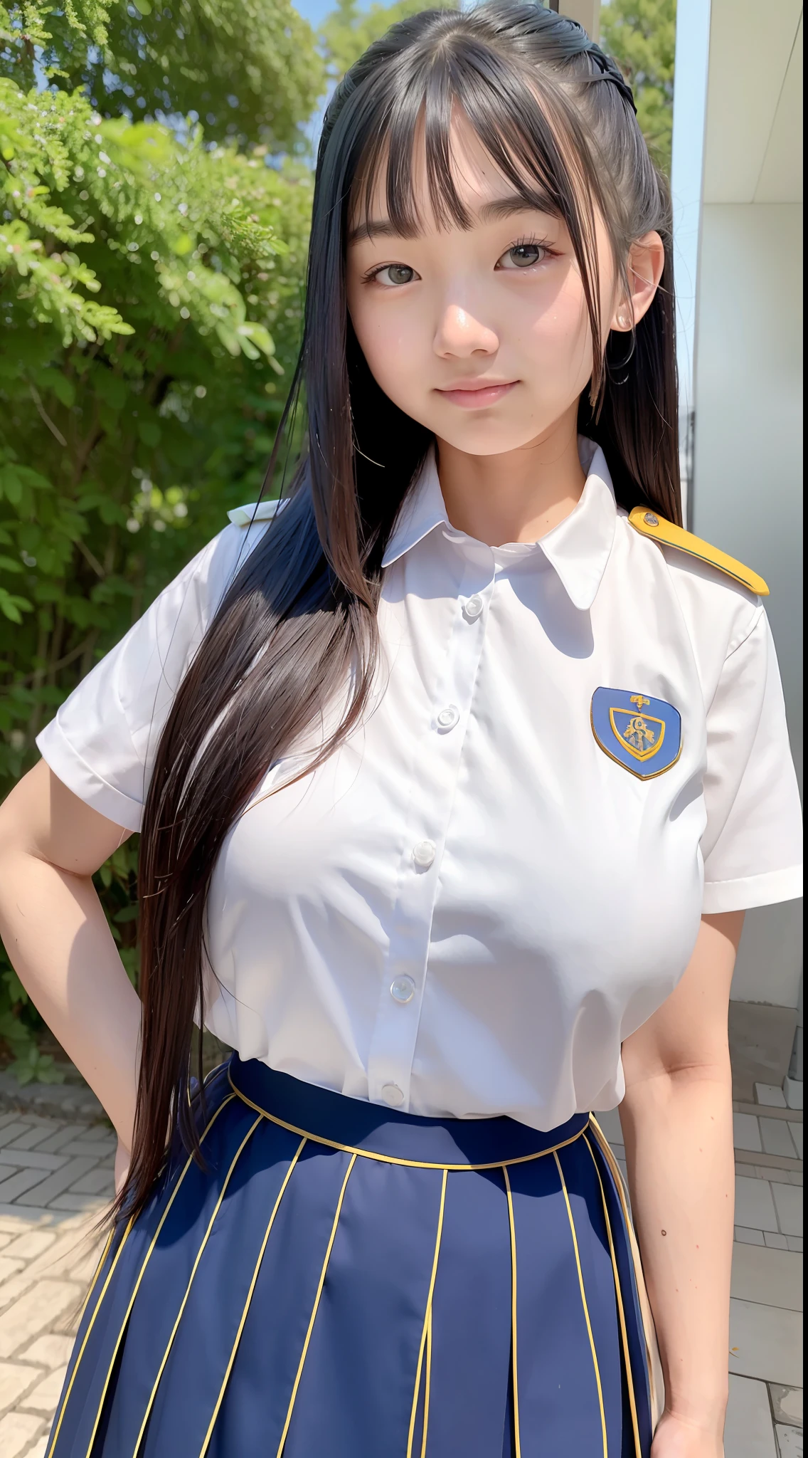 Master quality, highest quality, best picture quality, exaggerated details, a cute 18 year old asian girl with a shy expression, slightly squinted eyes, behind her hands, long eyelashes (long hair / very, very exaggerated big breasts / in uniform) outdoors, posing for the camera