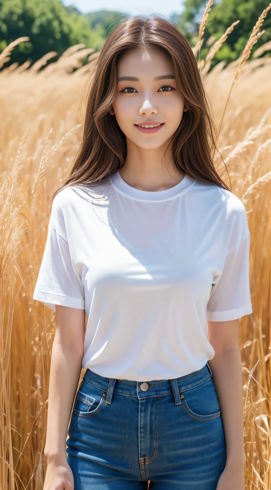 ((Excellent, 8K, Masterpiece: 1.3)), Full body, Long legs, Focal length: 1.2, Perfect Body Beauty: 1.4, Slim Abs: 1.1, ((Dark brown layered hair, Big breasts: 1.2) ), (White skinny T-shirt, pantyhose, standing: 1.2), (in a golden rice field), highly detailed face and skin texture, smile, delicate eyes, double eyelids
