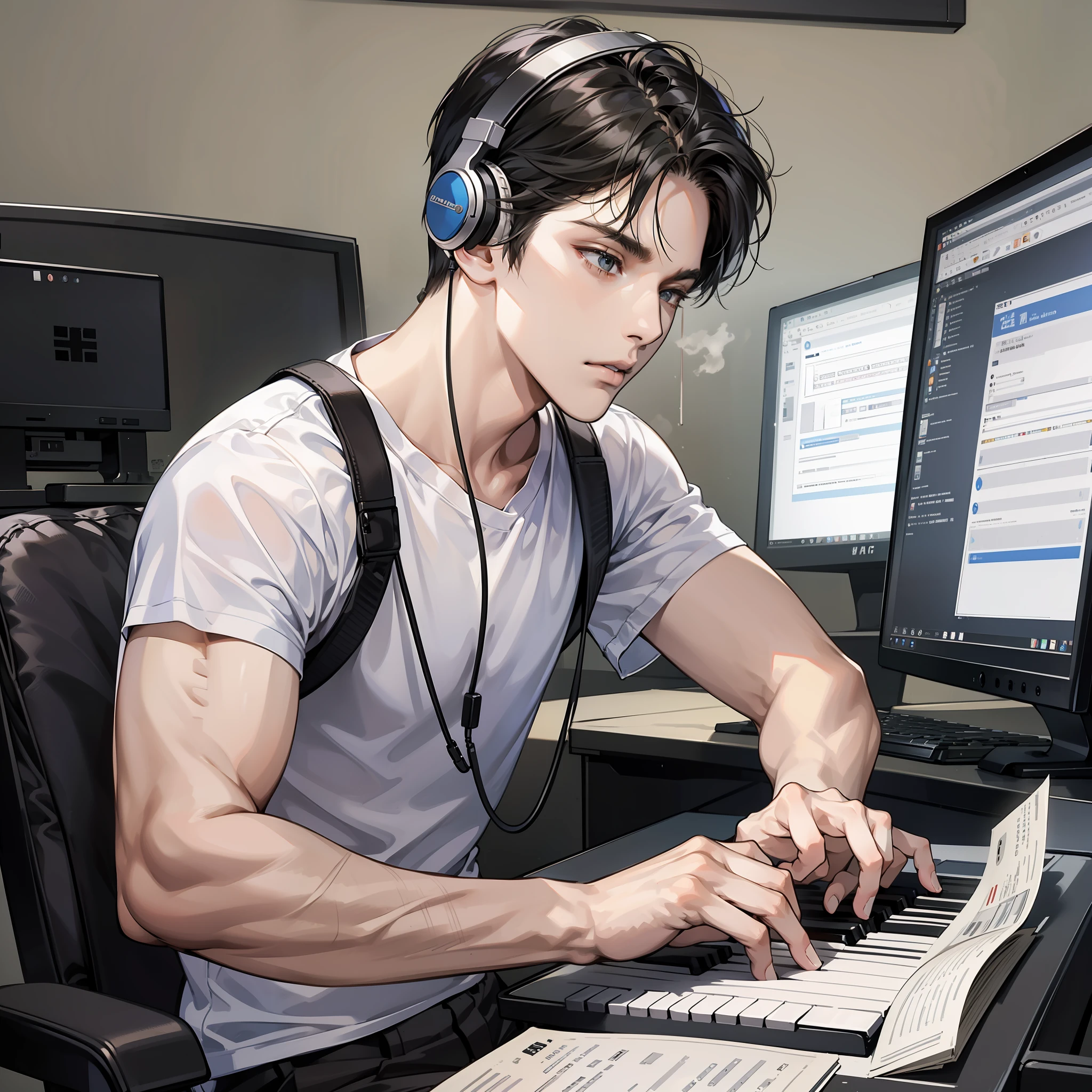 Masterpiece, high quality, best quality, HD, realistic, perfect lighting, detailed body, 1 man, short black hair, white t-shirt, serious expression, playing piano, wearing headphones, facing the computer monitor, in the room
