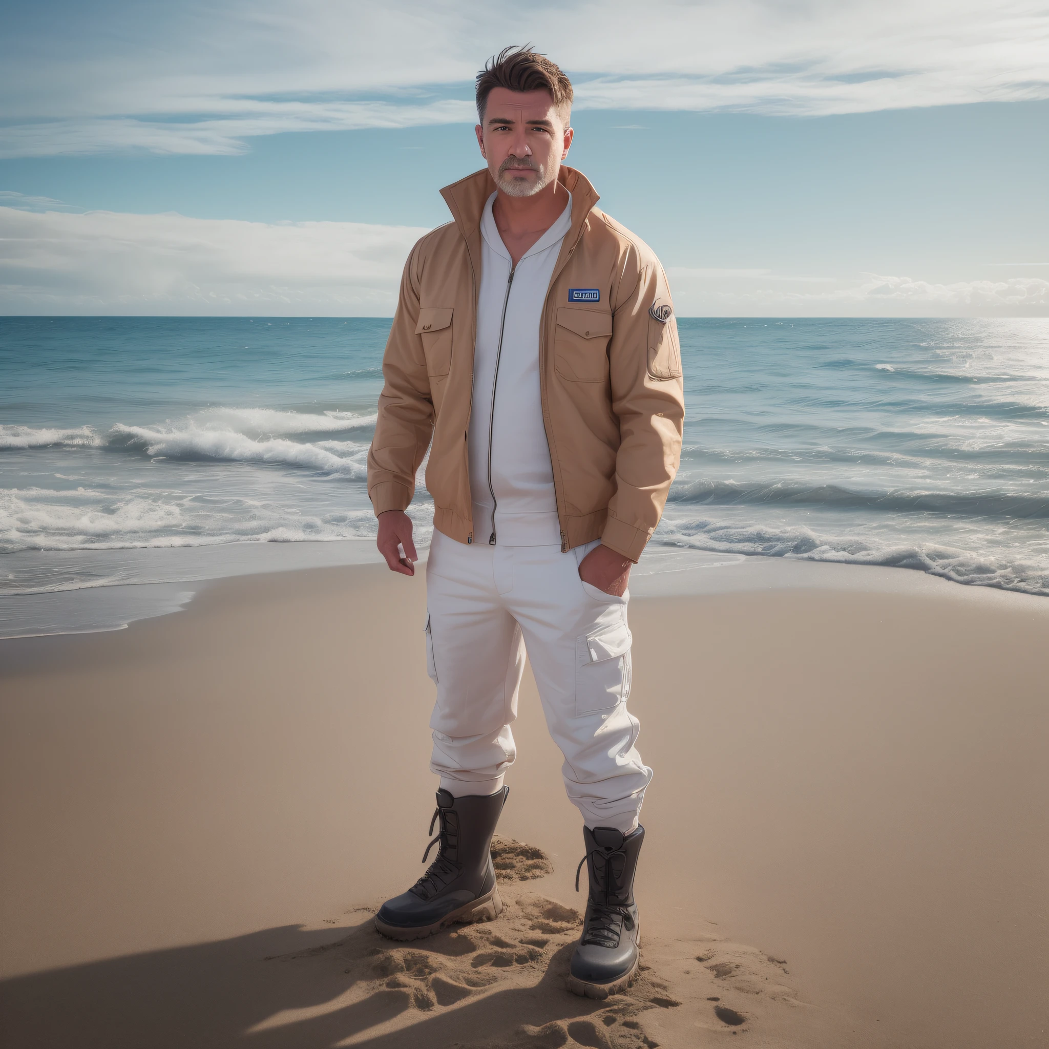 A man standing on the beach in a work jumpsuit with skin details, freckles on his face, moles on his face, pore details, hyper-realistic substance, photorealistic details, white shorts, Martin boots, realistic shooting, Sony camera shot