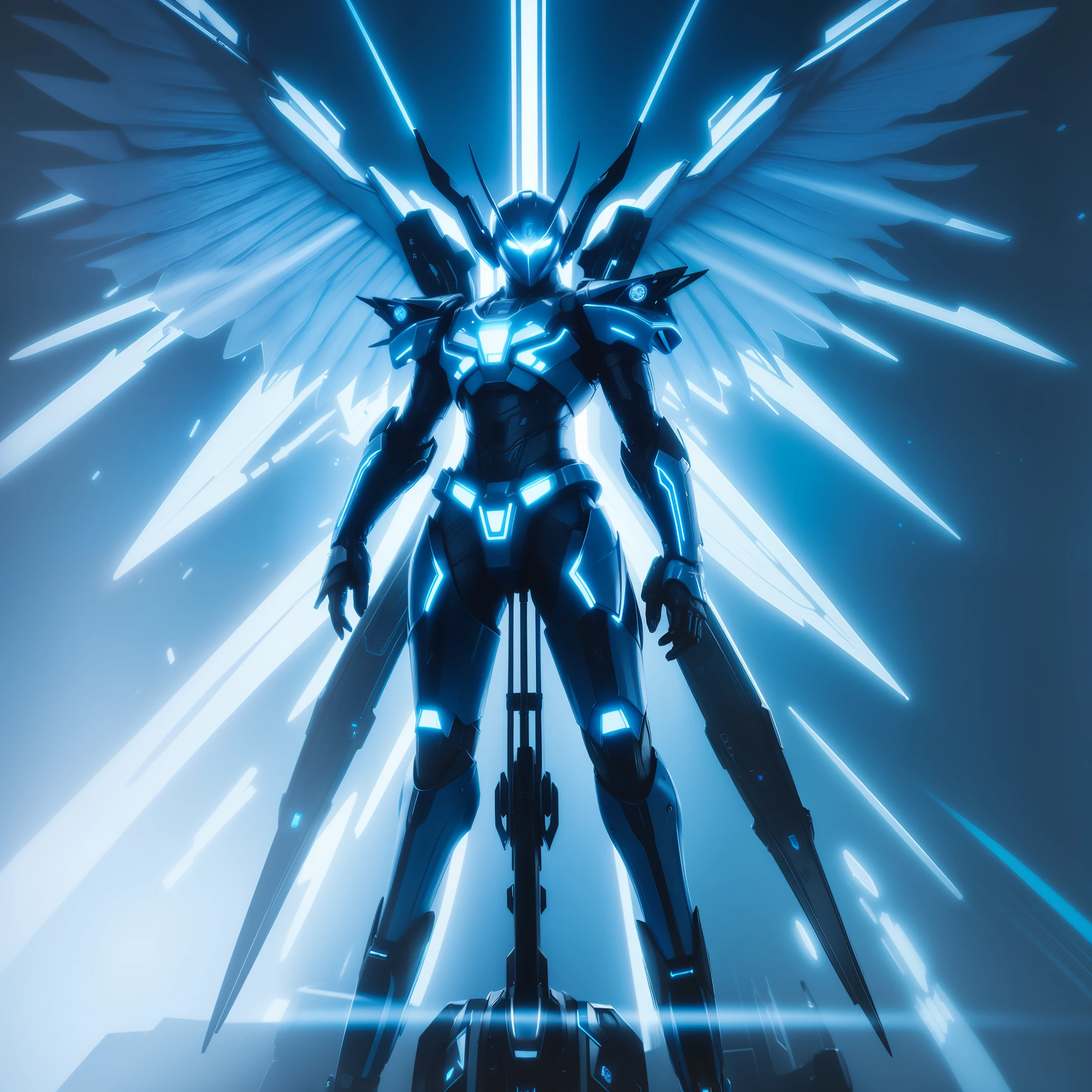 Full body, high maneuverability six-winged angel blue mech, blue eyes, dragon horn, Verism, chiaroscuro, cinematic lighting, backlight, scan line, speed line, UHD, best quality, cyberpunk style blue mech, realism, realism, Unreal engine