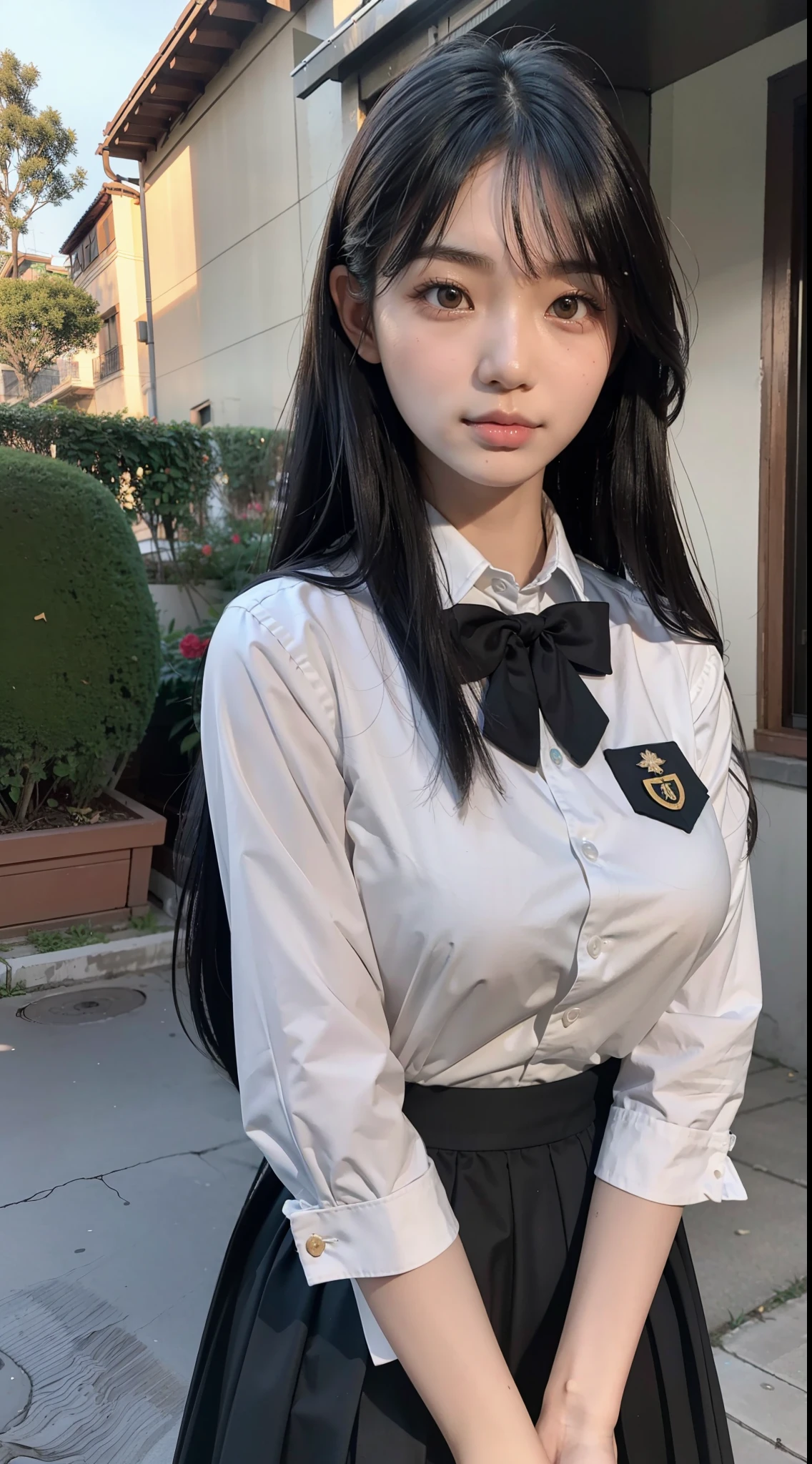 Master quality, highest quality, best picture quality, exaggerated details, a cute 18 year old asian girl with a shy expression, slightly squinted eyes, behind her hands, long eyelashes (long hair / very, very exaggerated big breasts / in uniform) outdoors, posing for the camera