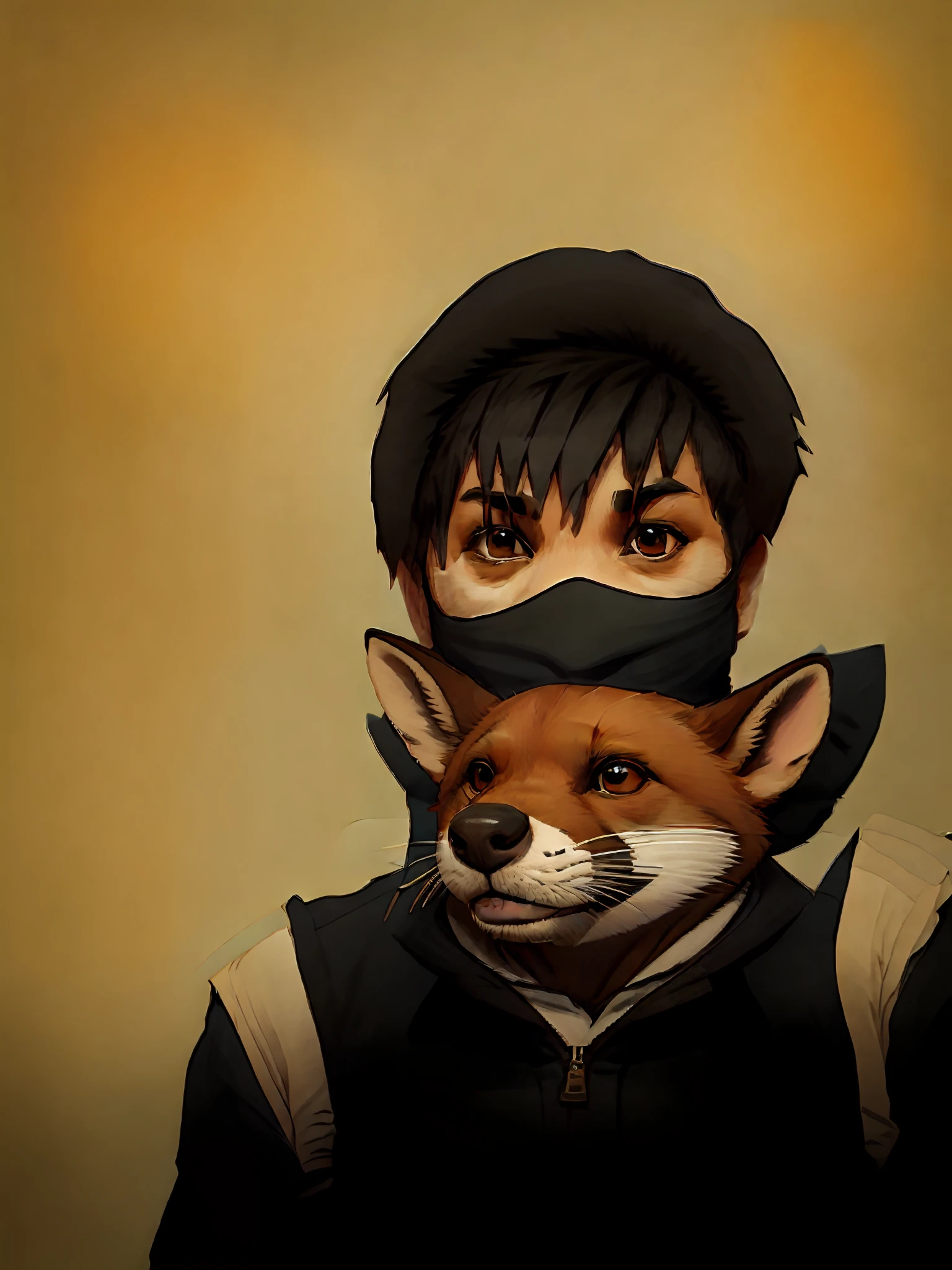 There is a man holding a dog, wearing a fox mask, wearing a mask, wearing a mask, with his hyperactive puppy, wearing an all-black mempo mask, wearing a fox mask, wearing a mask, wearing a white mouth, dog, no mask, mask off, wearing a mask, a dog's selfie, oh my God, change the background to the Eiffel Tower, the man is very handsome,