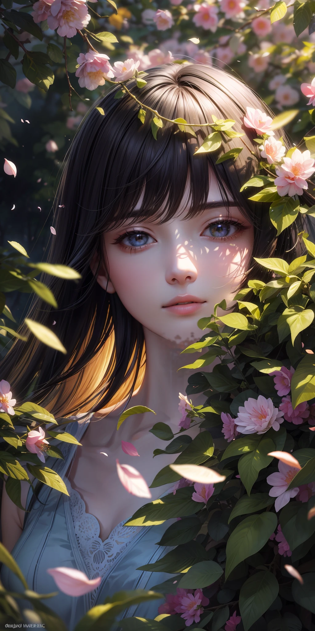 Masterpiece, best picture quality, nature landscape full of delicate leaves, petals of various colors slowly falling in the air, lighting excellent enough, overall picture quality very detailed and realistic, best illustration and best shadow effect, using super detailed v6 model.