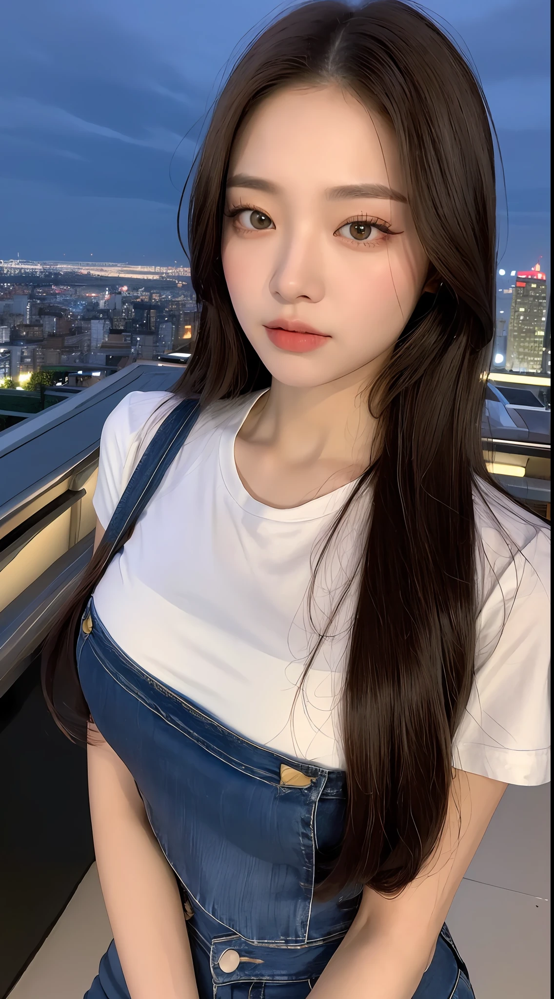 ((Midnight, Best quality, 8k, Masterpiece :1.3)), Whole body, Long legs, Sharp focus :1.2, A pretty woman with perfect figure :1.4, Slender abs :1.1, ((Dark brown hair, Big breasts :1.2)), (White tight tshirt, Jean bib, Standing:1.2), ((Night city view, Rooftop:1.3)), Highly detailed face and skin texture, Detailed eyes, Double eyelid