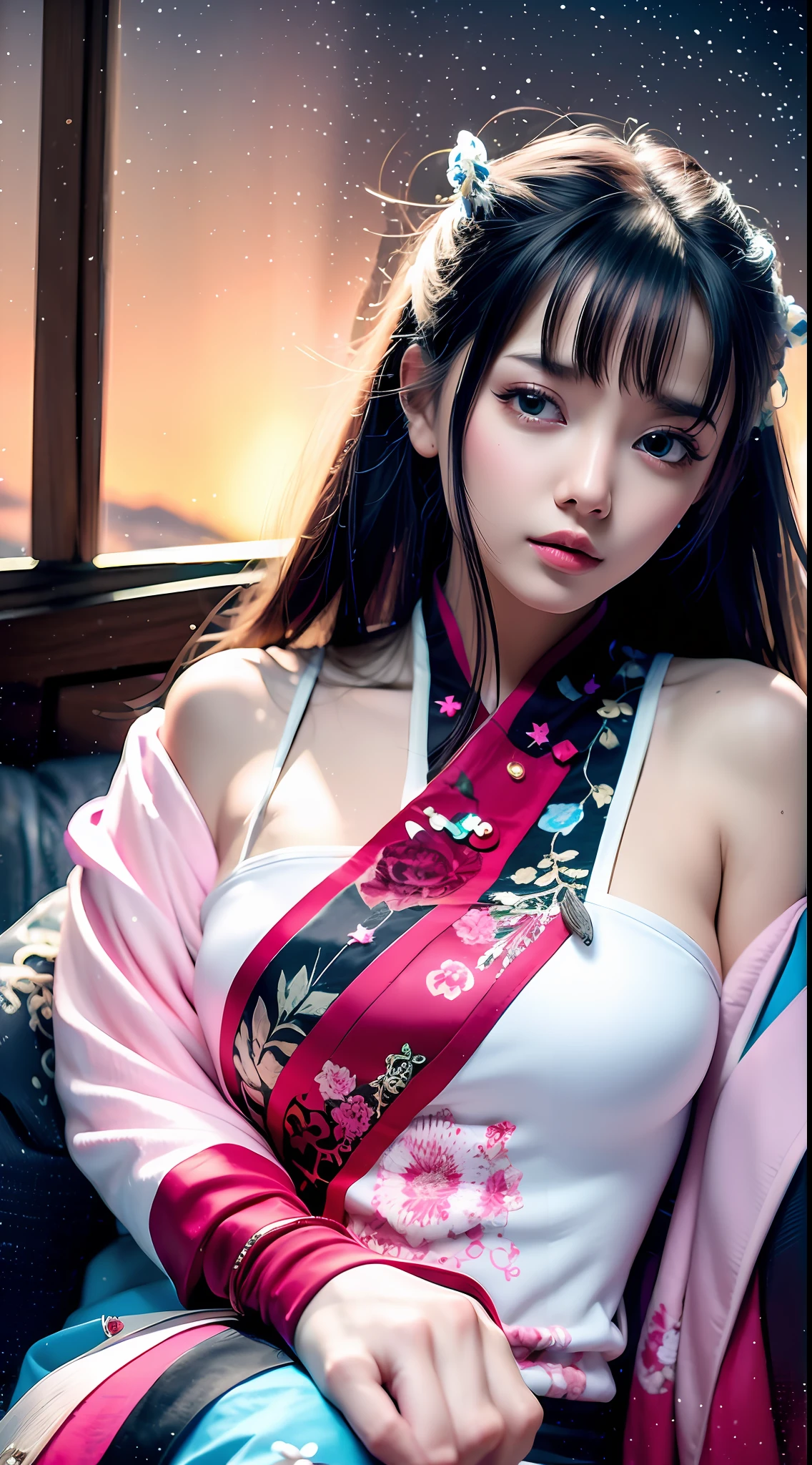 There was a woman lying on the sofa, Pillow, Eat strawberries, Light shines in through the window, Sprinkle on face, black color hair, Young and cute Wanya face, Clear lips and high quality, Snow-white skin, gorgeous chinese model, Chinese Girl, White dressing gown, album artwork, Delicate facial features, clear facial features, The face is clear, HD photos, HD rendering, 4k --auto --s2