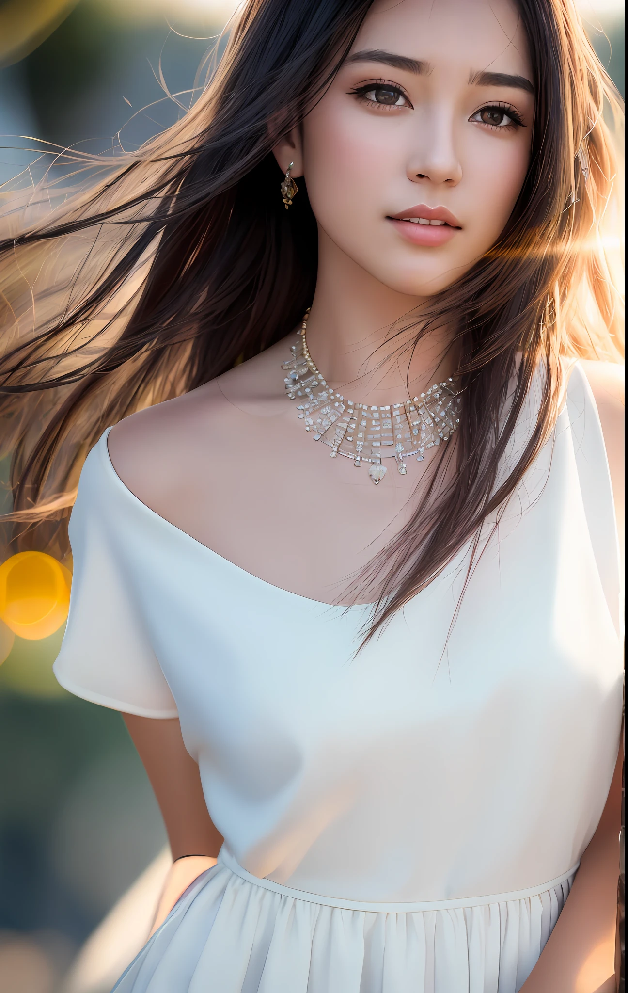 Top quality, masterpiece, high resolution, girl single, hair ornament, necklace, jewelry, beautiful face, tyndall effect, photorealistic, rim lighting, two-tone lighting, (high definition skin: 1.2), 8k UHD, DSLR, soft lighting, high quality, volume lighting, candid, photography, high resolution, 4k, 8k, bokeh, big, absurdity,