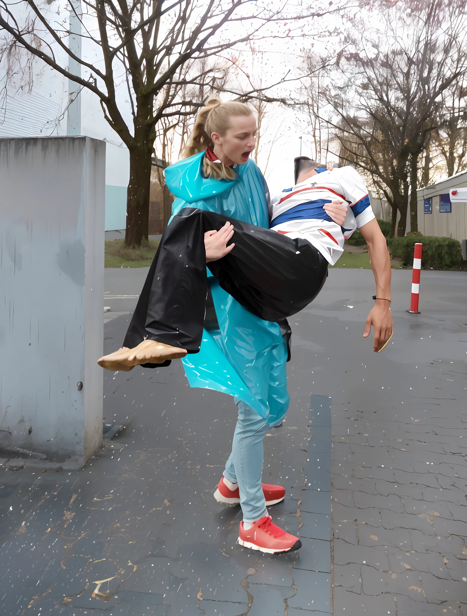 a ponytailed blond girl is wearing a shiny wet raincoat and is carrying a man in black jeans, a girl in a raincoat is crying tears and is carrying a consciousless man that is wearing black jeans, a young girl is wearing a wet blue pvc raincoat and is desperately shouting out and screaming, a consciousless man is wearing muddy black jeans, , fight, posing for a fight, street fighting, posing for a fight intricate, alexandra fomina, taken in 2022, sascha schneider, fight pose, high kick, by Anna Haifisch, fighting posture, by Caro Niederer, dramatic action pose