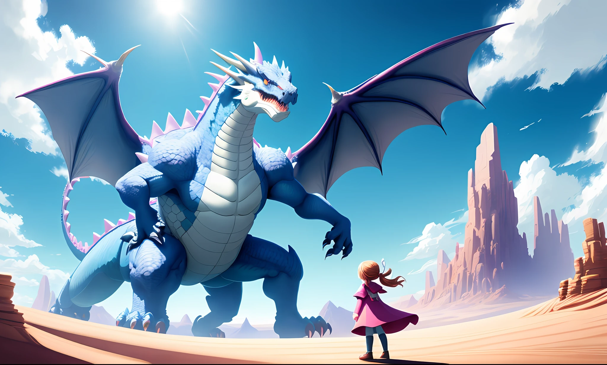 ((Best Quality))), a huge dragon with a  in a cape standing in front of it, crystal eyes, desert, light blue sky, fresh picture color, Pokemon style
