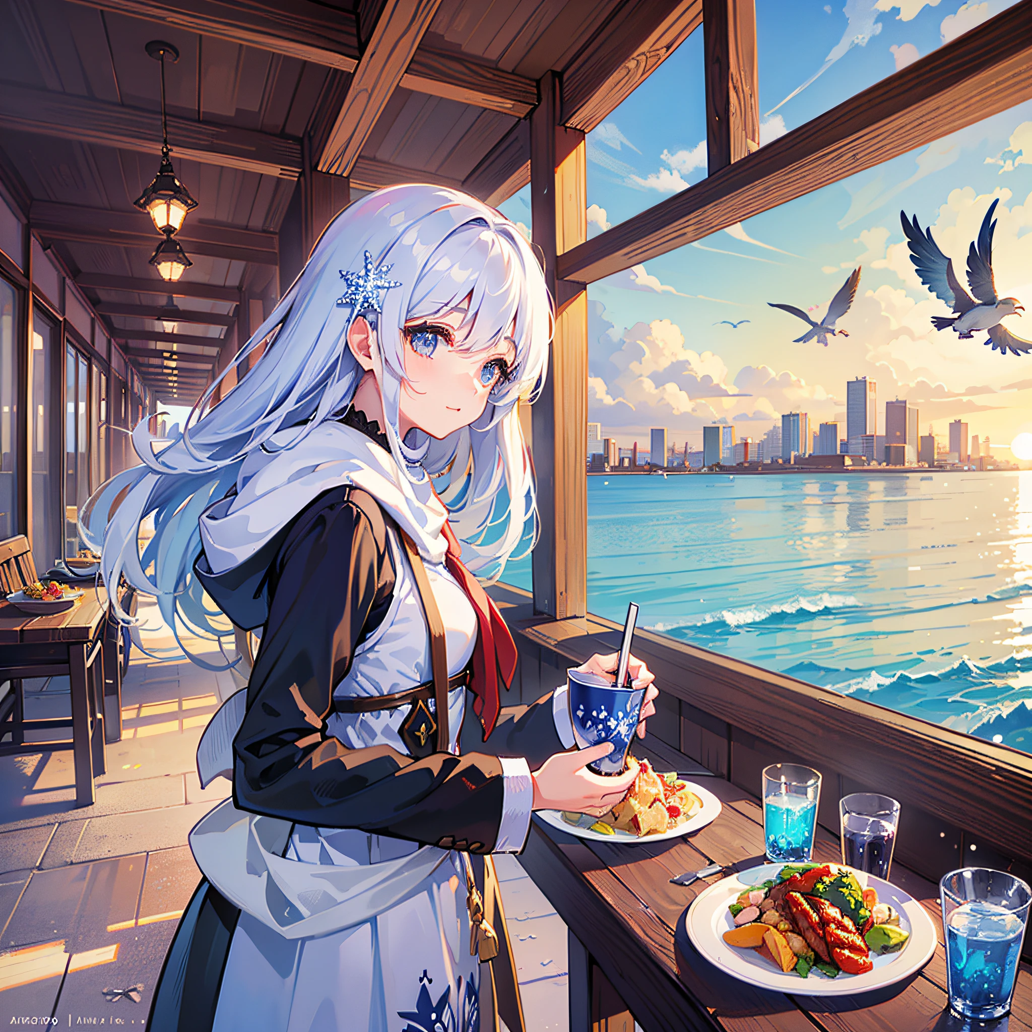 (Best image quality, detailed background), (beautiful heroine, stroll the beach, enjoy a meal), (cafeteria environment, the scenery in front of the eye, birds circling and flying), (snowflakes, fresh winter breath), --auto --s2