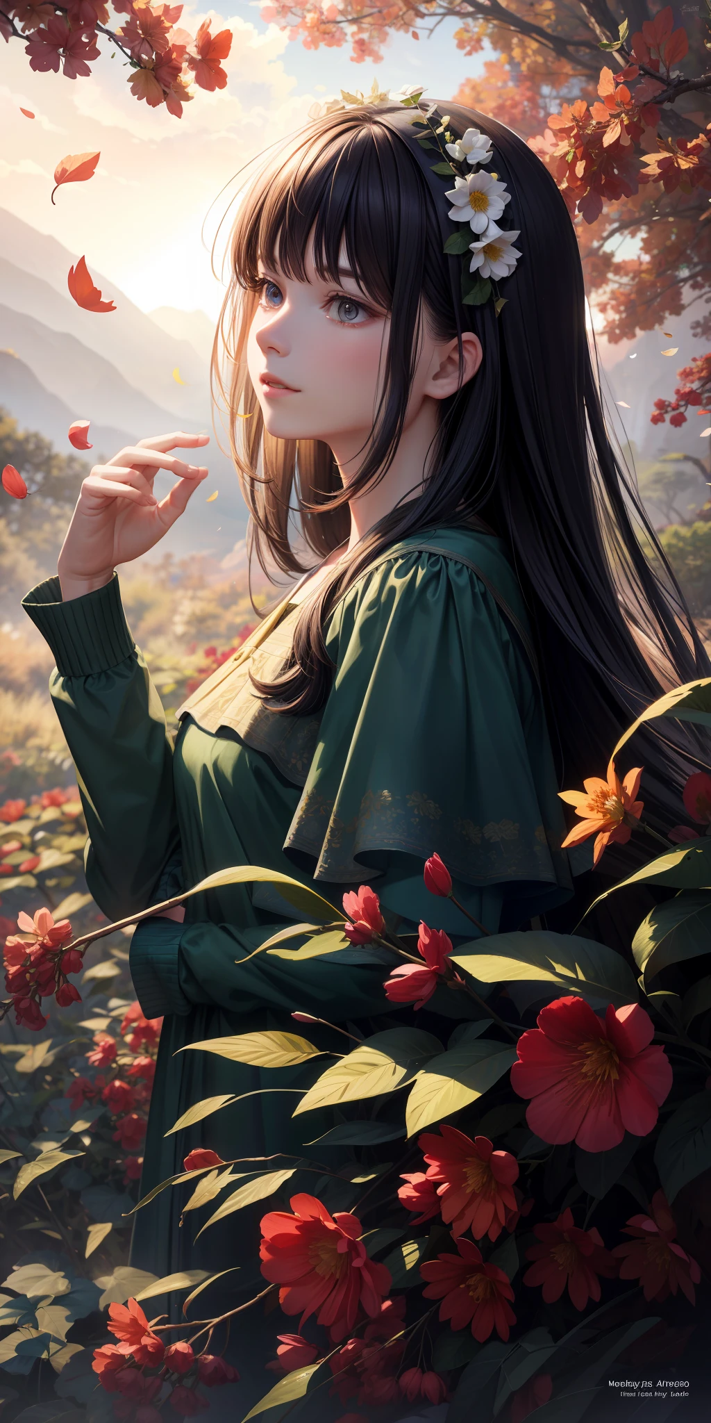 Masterpiece, best picture quality, nature landscape full of delicate leaves, petals of various colors slowly falling in the air, lighting excellent enough, overall picture quality very detailed and realistic, best illustration and best shadow effect, using super detailed v6 model.