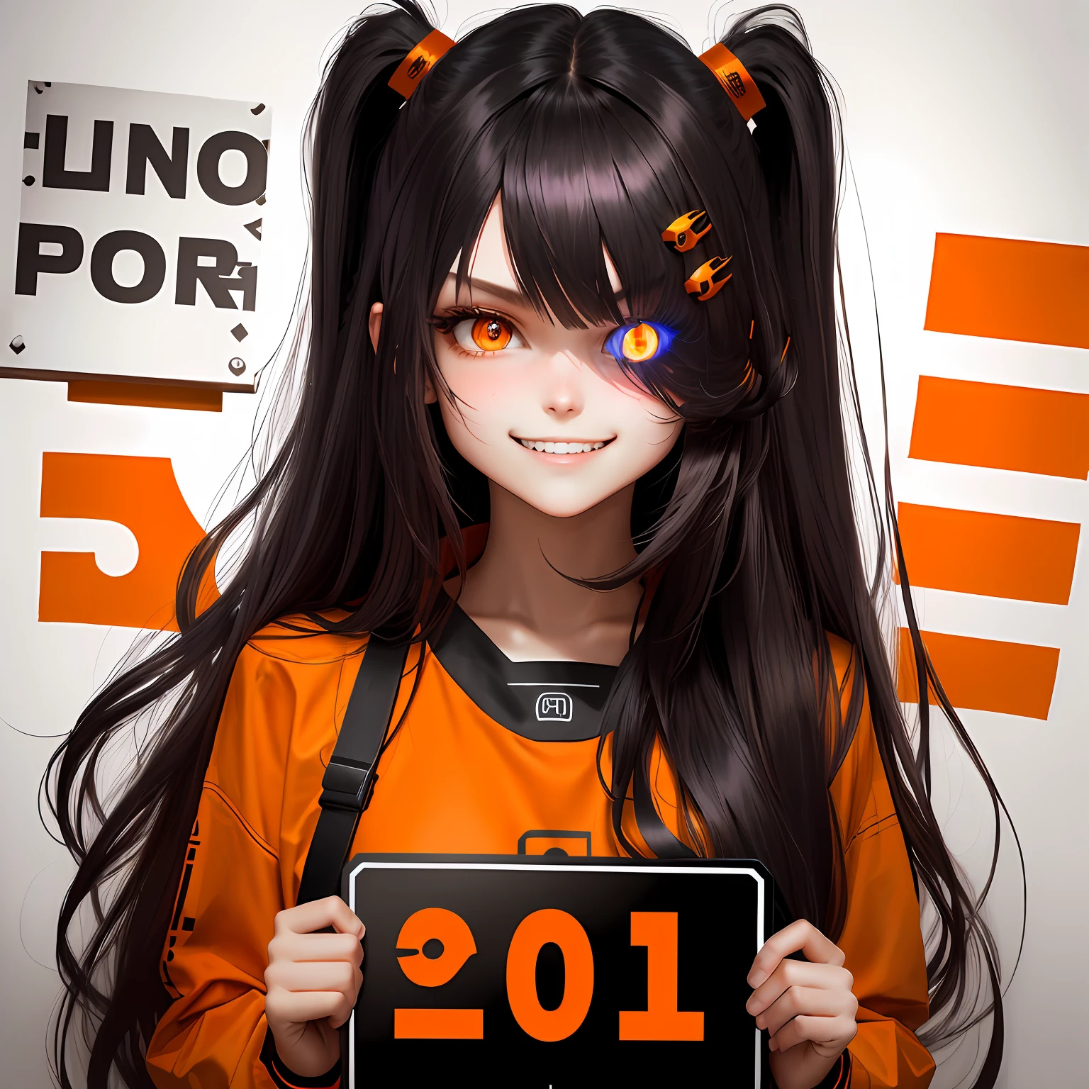 solo, 1girl, evil grin, holding sign, long hair, hair over one eye, hairclip, glowing eyes, bright pupils, orange shirt, long sleeves, mugshot, height chart