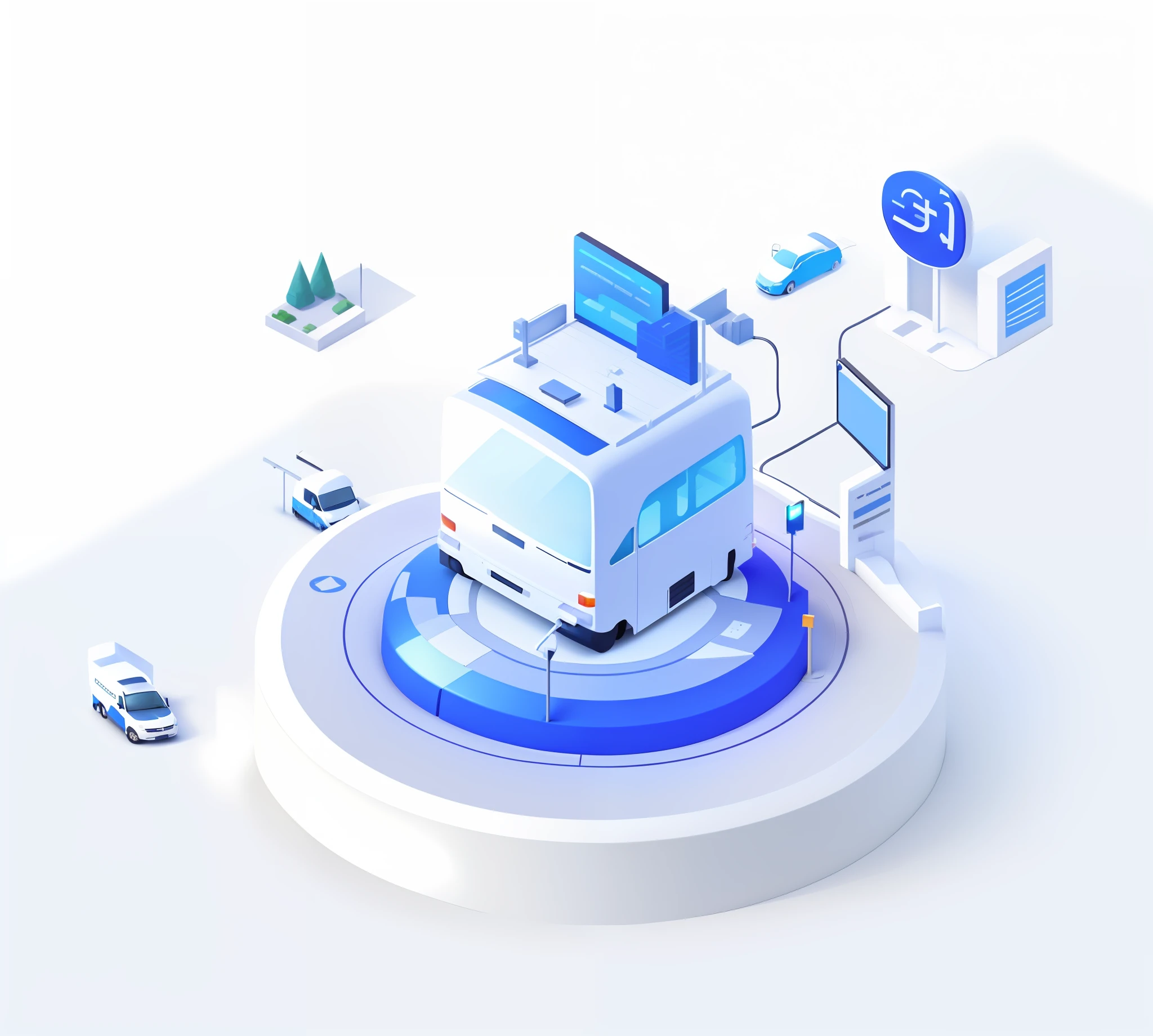 Simple and clean illustration, 3d isometric, car, parking lot, charging pile, bus, van, information technology, blue --auto --s2