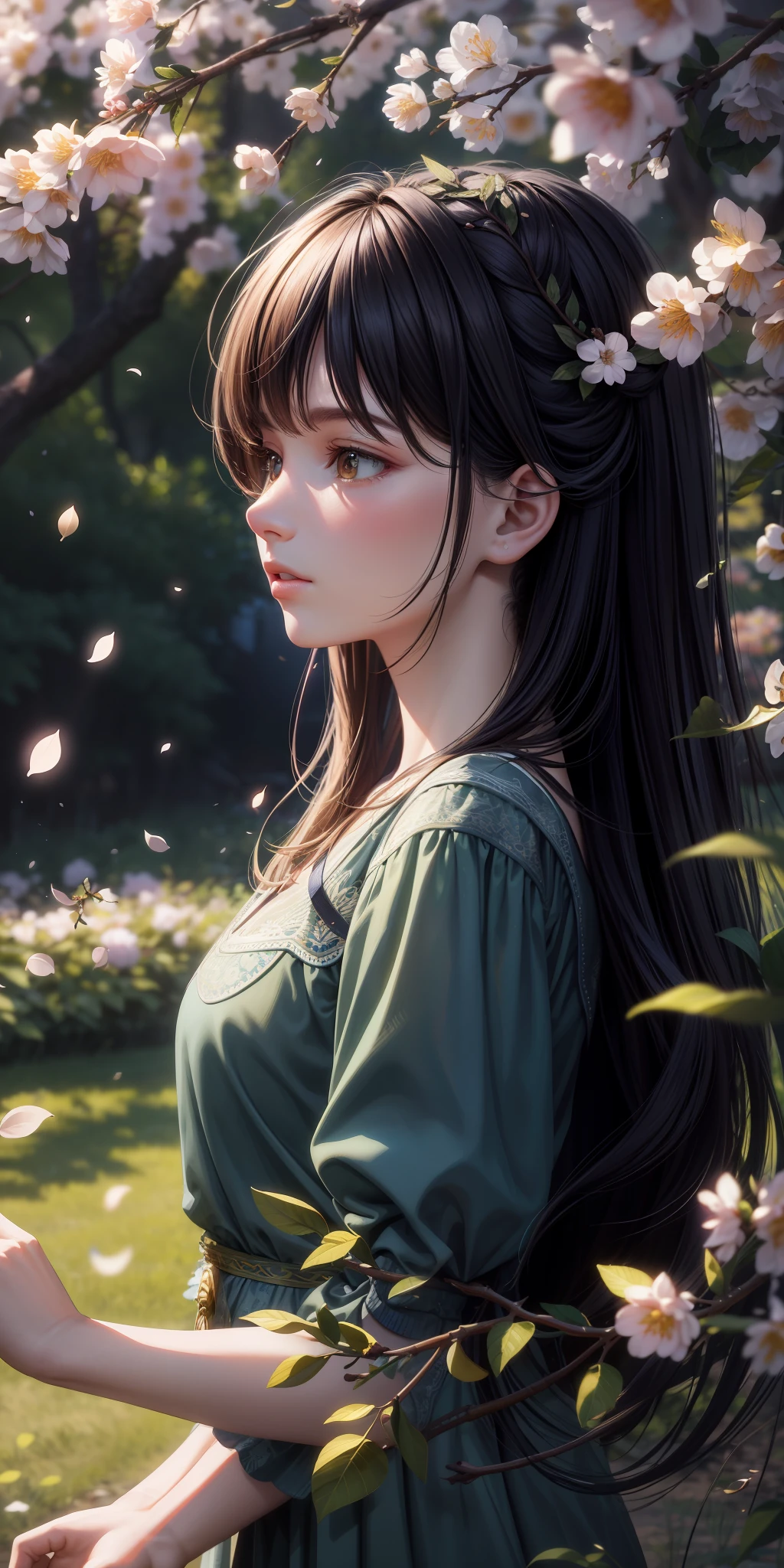 Masterpiece, best picture quality, nature landscape full of delicate leaves, petals of various colors slowly falling in the air, lighting excellent enough, overall picture quality very detailed and realistic, best illustration and best shadow effect, using super detailed v6 model.