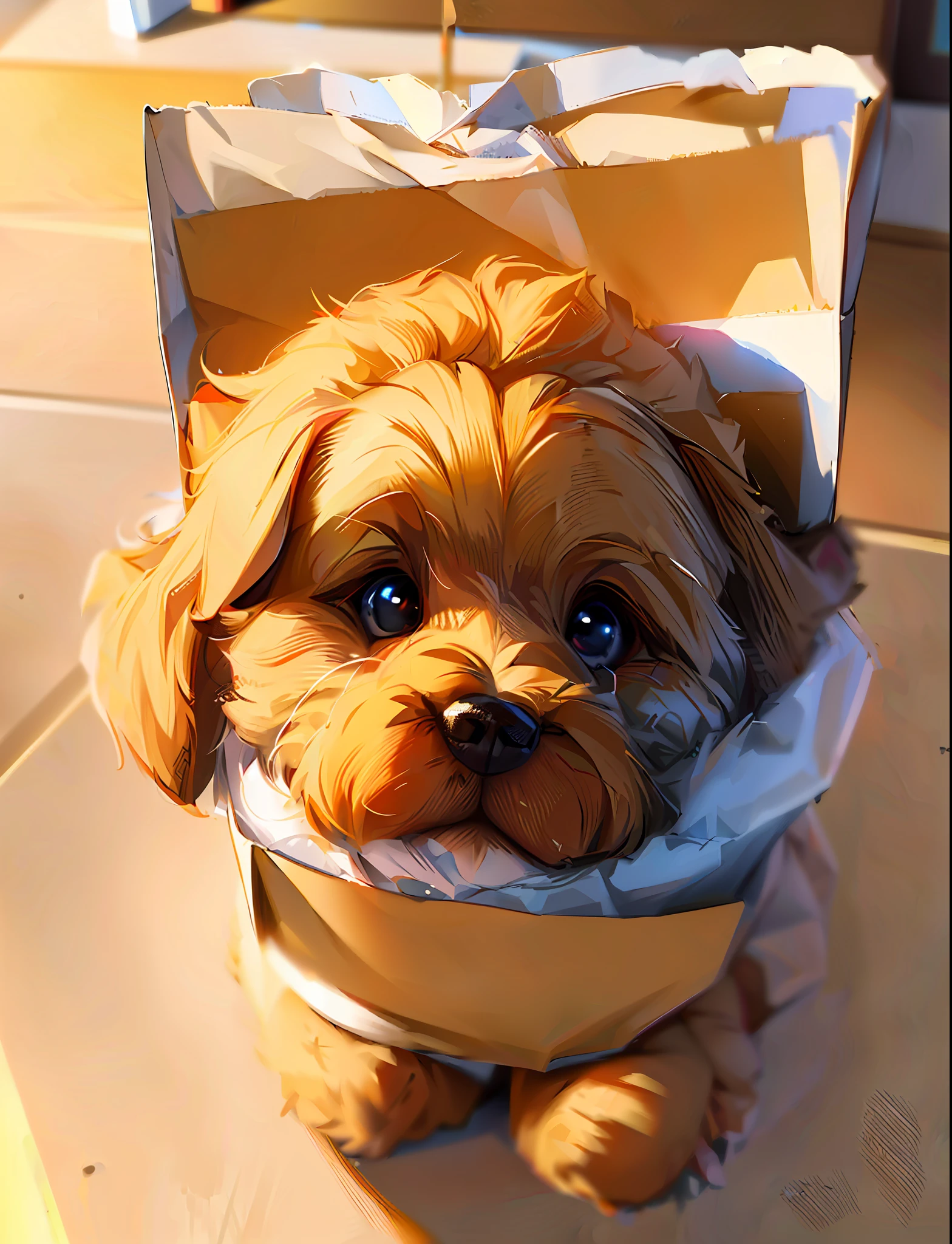 (Best Quality, 8k, 32k, Masterpiece, UHD: 1.2), Perfect Light, Daytime, Indoor, Teddy Dog, Puppy Head in Paper Bag, Eyes Looking to One Side, White Eyeball, Paper Bag, Takeaway Bag