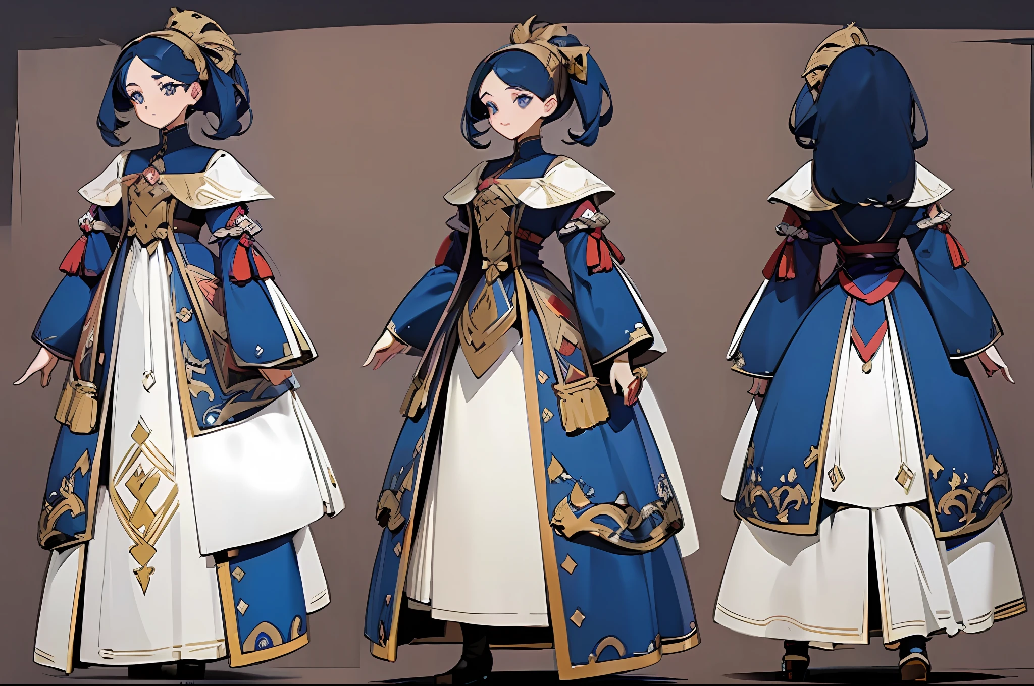 ((masterpiece)), (((best quality))), (character design sheet, same character full body, front, side, back), illustration, 1 girl, stunning facial features, uniform hair color, hairstyle, costume, medieval dress (simple background, white background: 1.3)