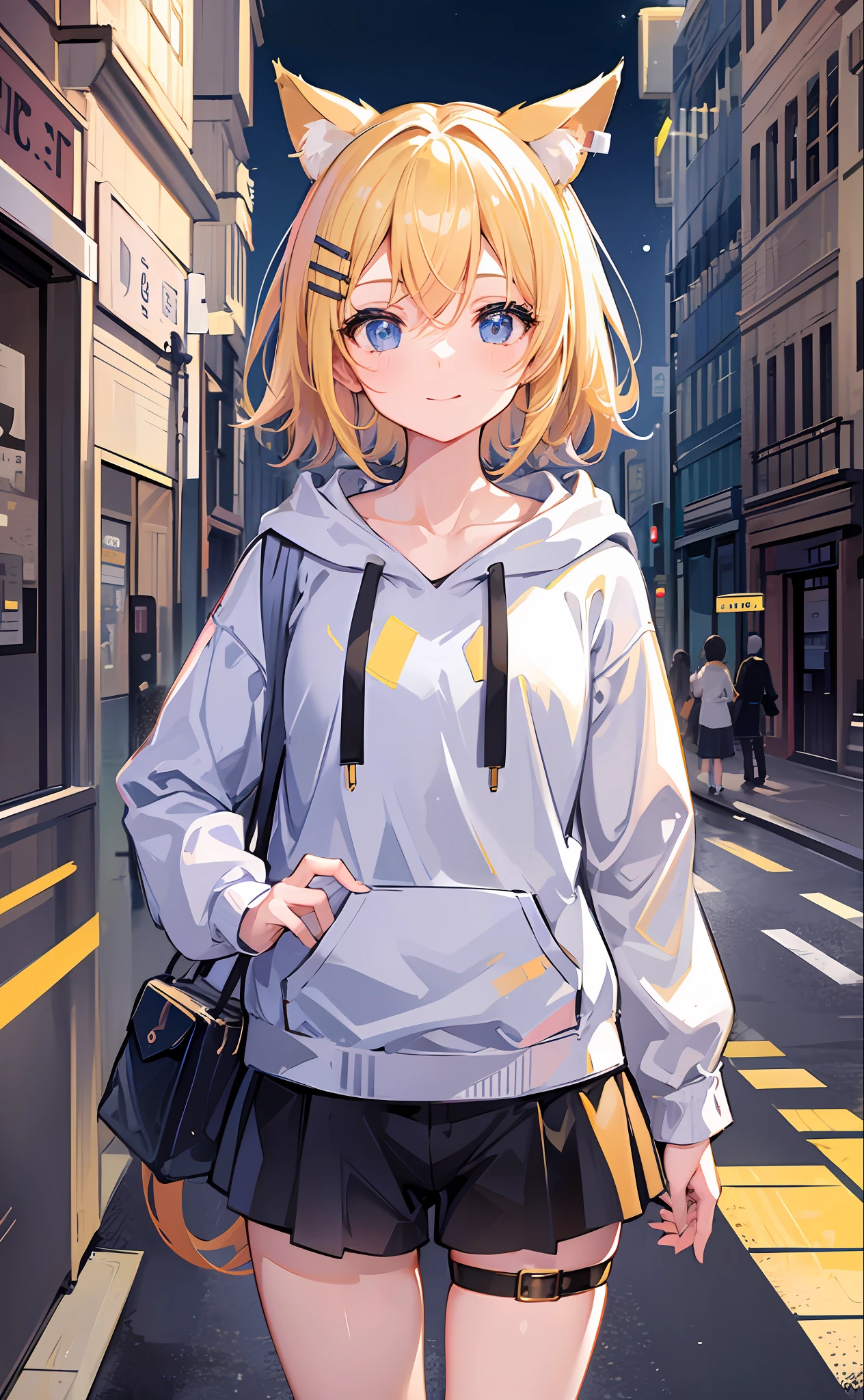 (Masterpiece), (Best Quality), (Illustration), (Super Detail), (High Resolution), Perfect Anatomy, Absurdity, One Girl, (Kagamine_Rin), (Vocaloid), Short Hair, Hair Clip, Big Smile, (Blonde), Very Cute Girl, Small, Young, Delicate, Attention to Girl, Outdoor, Cute, She, Smile, Best Moment, Middle School, Blue Eyes, Bright Eyes, lively eyes, cute, standing, thighs, spoiled, innocent, love love, love viewer, clean skin, beautiful body, cute face, delicate arms, boyfriend gaze, lively eyes, neat, bare legs, dabo dabo hoodie, perfect hood, white hoodie, black shorts, beautiful girl, blue sky, sunlight, unguarded, street, energetic, best girlfriend, happiness, cat ears