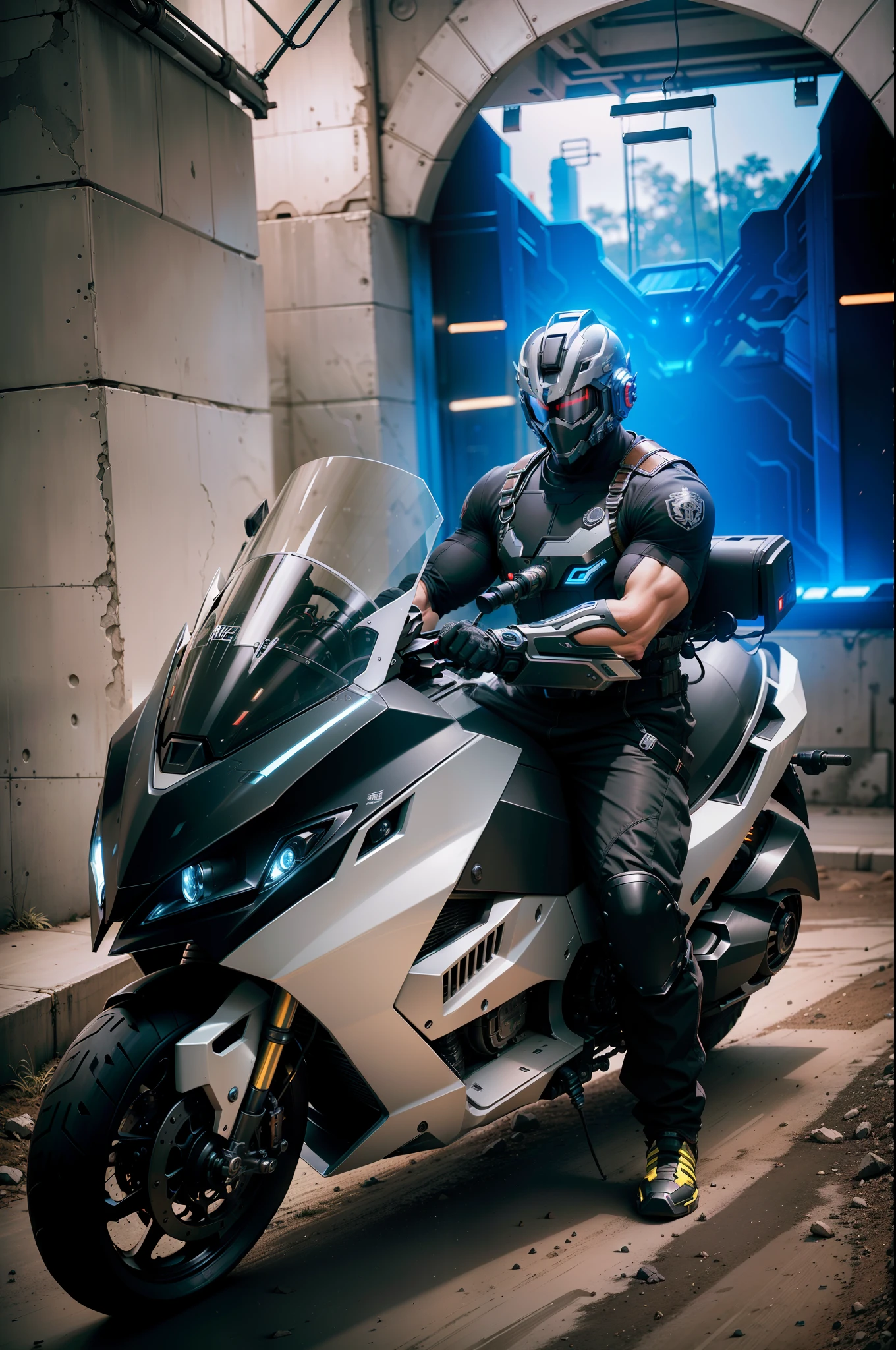 Cyber Warrior & Cybertech Mechanical Motorcycle, Mighty Male Warrior, Nousr, Biomechanics, MSHN Robot Man, Cybertech Full Surround Helmet, Surreal, Steel, Intricate Design, Crazy Detail, Fine Detail, Extremely Clear Lines, Cinematic Lighting, Photo Realistic, Detailed Masterpiece
