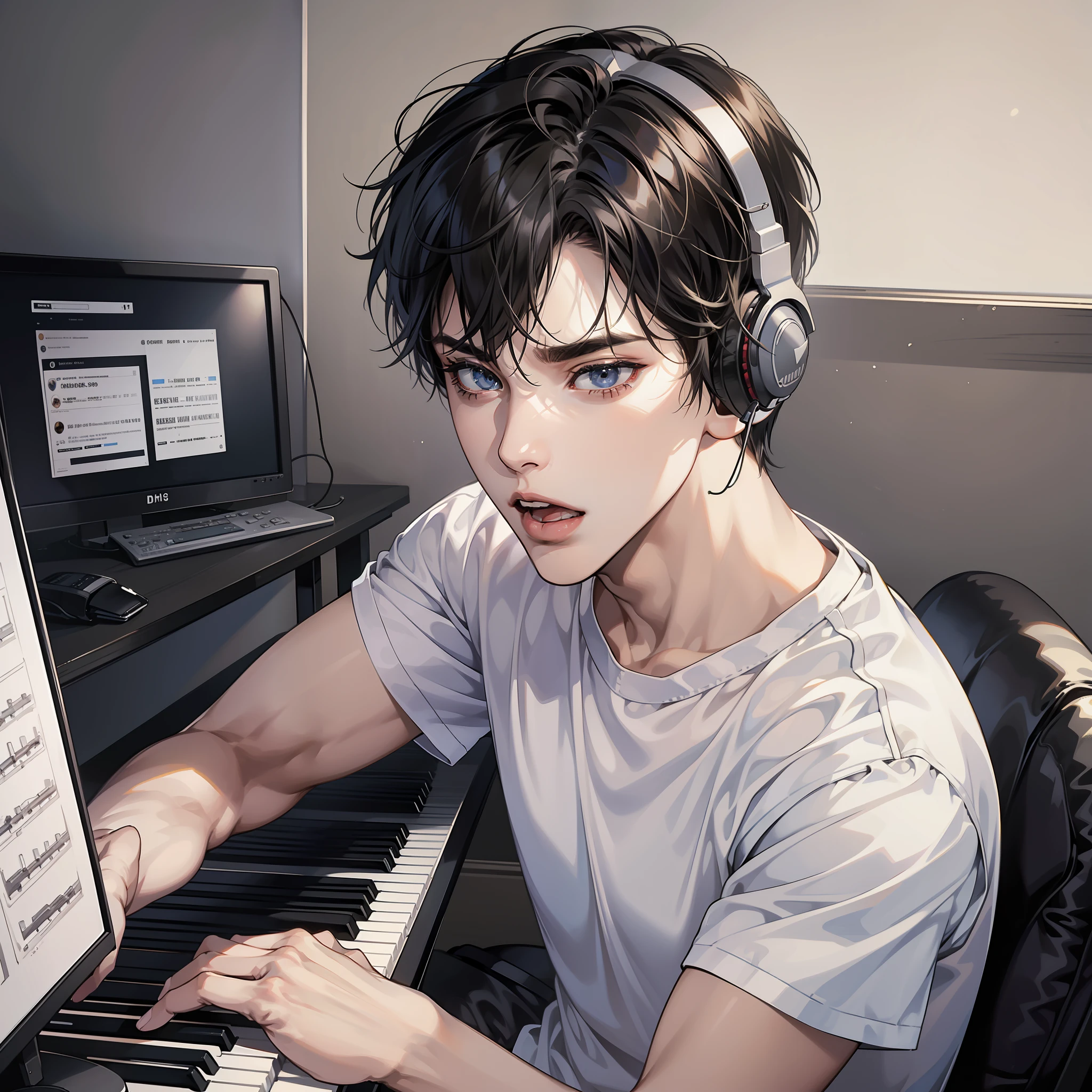 Masterpiece, high quality, best quality, HD, realistic, perfect lighting, detailed body, 1 man, short black hair, white t-shirt, serious expression, open mouth, singing, playing piano, wearing headphones, facing the computer monitor, in the room
Wait for it to start