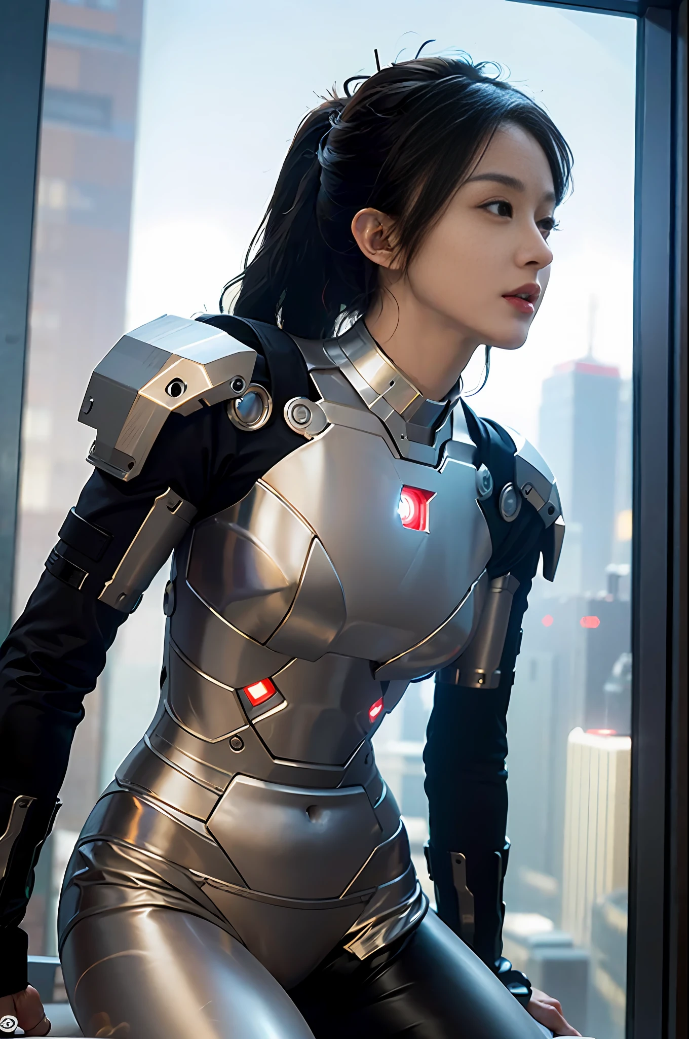 RAW, Masterpiece, Ultra Fine Photo,, Best Quality, Ultra High Resolution, Photorealistic, Sunlight, Full Body Portrait, Stunningly Beautiful,, Dynamic Poses, Delicate Face, Vibrant Eyes, (Side View) , she is wearing a futuristic Iron Man mech, very detailed background, detailed face, detailed busy background, messy, gorgeous, milky, high detailed skin, realistic skin details, visible pores, sharp focus, volume Fog, 8k uhd, dslr, high quality, film grain, fair skin, photorealism, lomography, sprawling metropolis in a futuristic dystopia, view from below, translucent