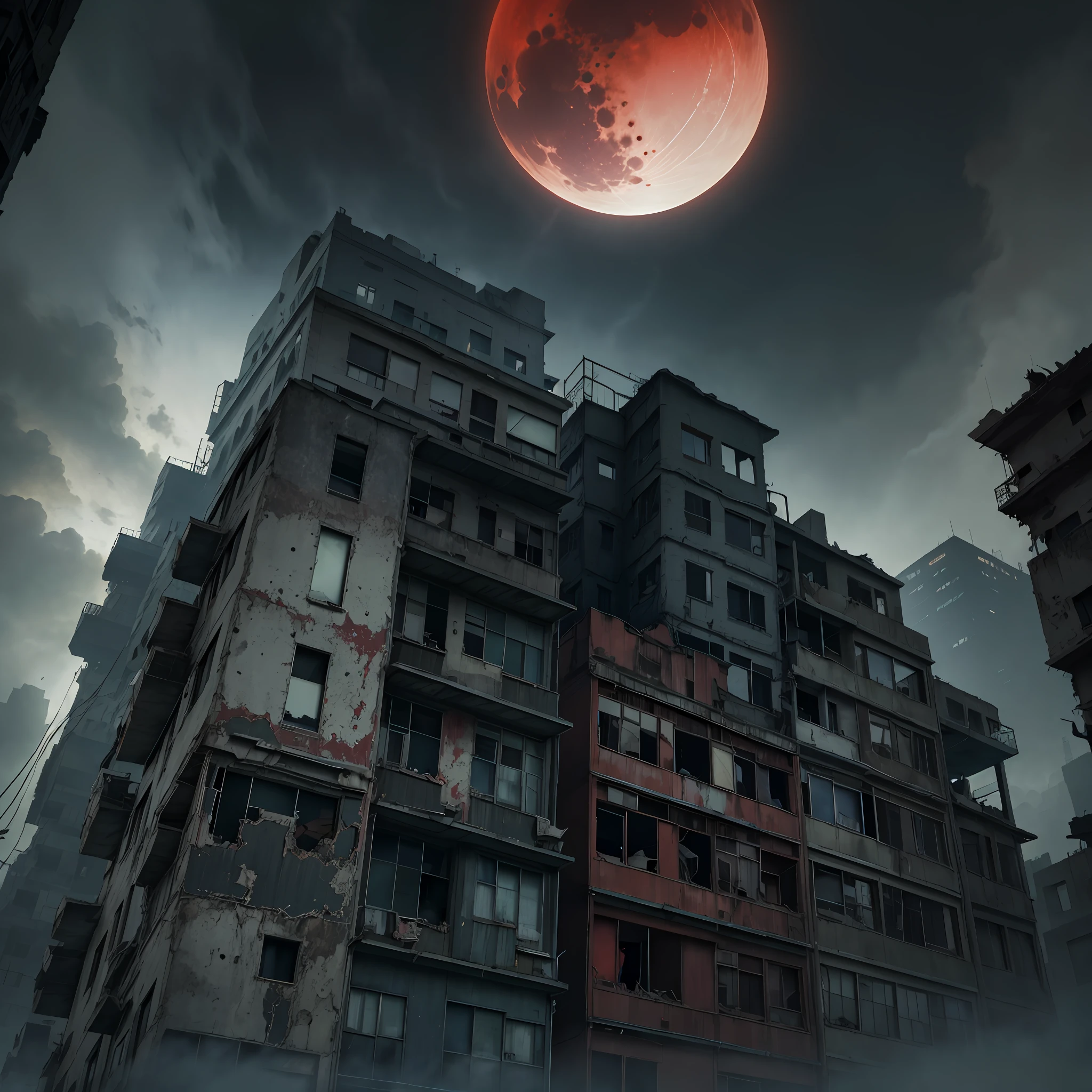 arafed building with a red moon in the sky, apocalyptic city, apocalyptic city backround, ominous apocalyptic background, in a post apocalyptic city, huge red moon, set in post apocalyptic tokyo, post apocalyptic tokyo, landscape of apocalypse city, blood red moon, red moon, nuclear blast moon eclipse, dystopian scifi apocalypse, post - apocalyptic city, apocalyptic future city