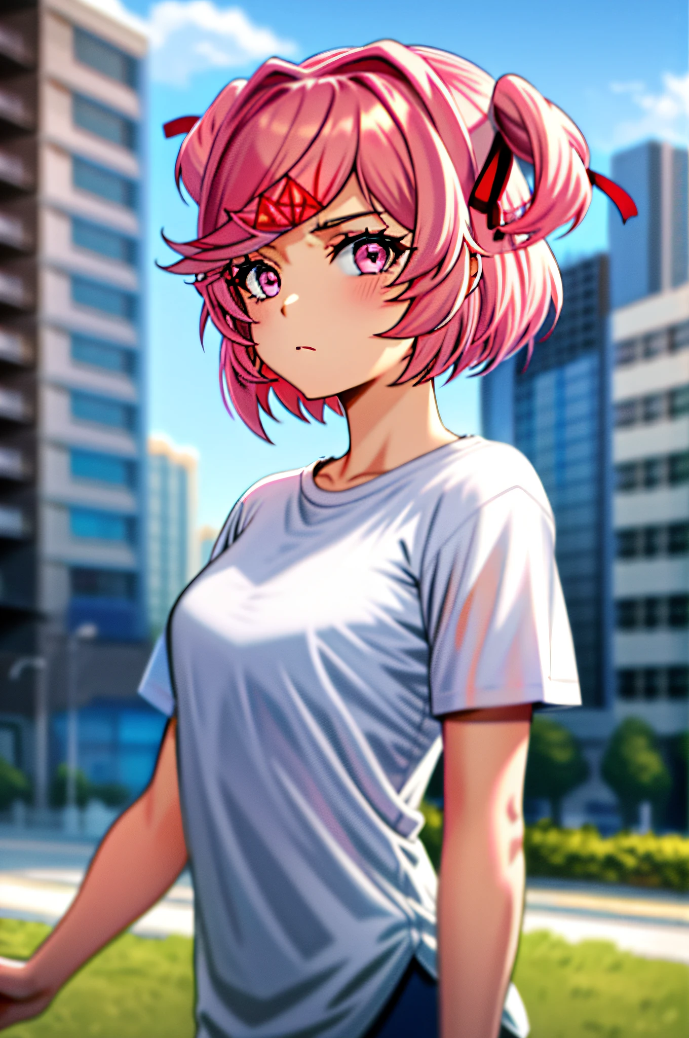 masterpiece, best quality, 1 girl, Natsuki, pink eyes, pink hair, two sides up, hair ornament, hair ribbon, white tshirt, facing the viewer, city park, upper body