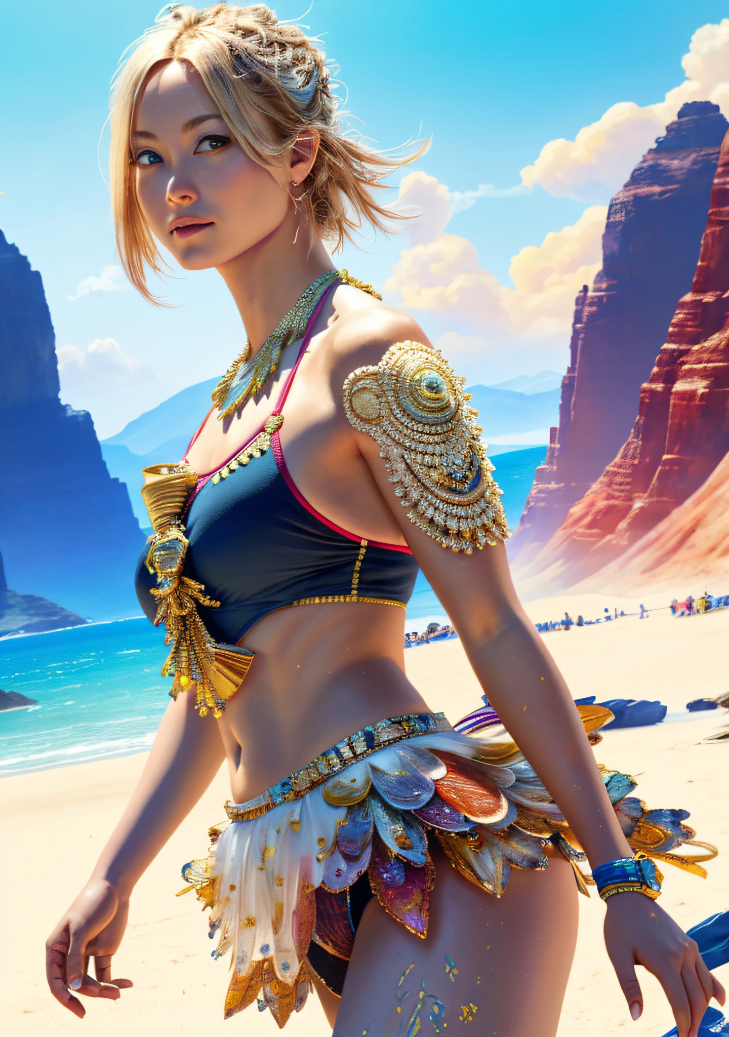 (Full Shot Body)female, Human, (Young girl:1.1), Blonde hair,Big, jewelry, sexy swimsuit, Bard, (smile:0.2), Model shooting style, (Highly detailed CG Unity 8k wallpaper), World's Most Beautiful Artwork Pictures, Professional Magnificent Oil Painting by Ed Blinky, Atey Geilan, Studio Ghibli, Jeremy Mann, Greg Manchez, Antonio Moro, Trending at ArtStation, Trending at CGSociety, Intricate, High Detail, Mid-Journey and Sharp Focus by Greg Rutkowski, Dramatic and Photorealistic Pictorial Art, Beautiful Artwork, Oil Painting by Ed Blinky, CGSociety, Attey Geilan, Jeremy Mann, Greg Munchez, Antonio Moro, Complex and High Detail, Sharp Focus, Dramatic, Photorealistic, Colossal, Micro Bikini
