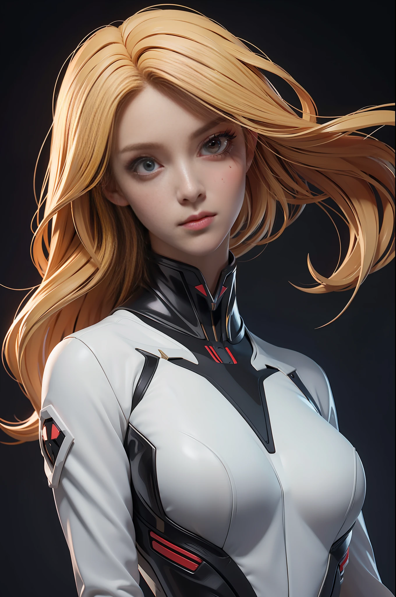 portrait picture Unreal Engine 5 8K UHD of beautiful woman, blonde hair, shiny black tight Evangelion plug suit, beautiful make up, best quality, masterpiece