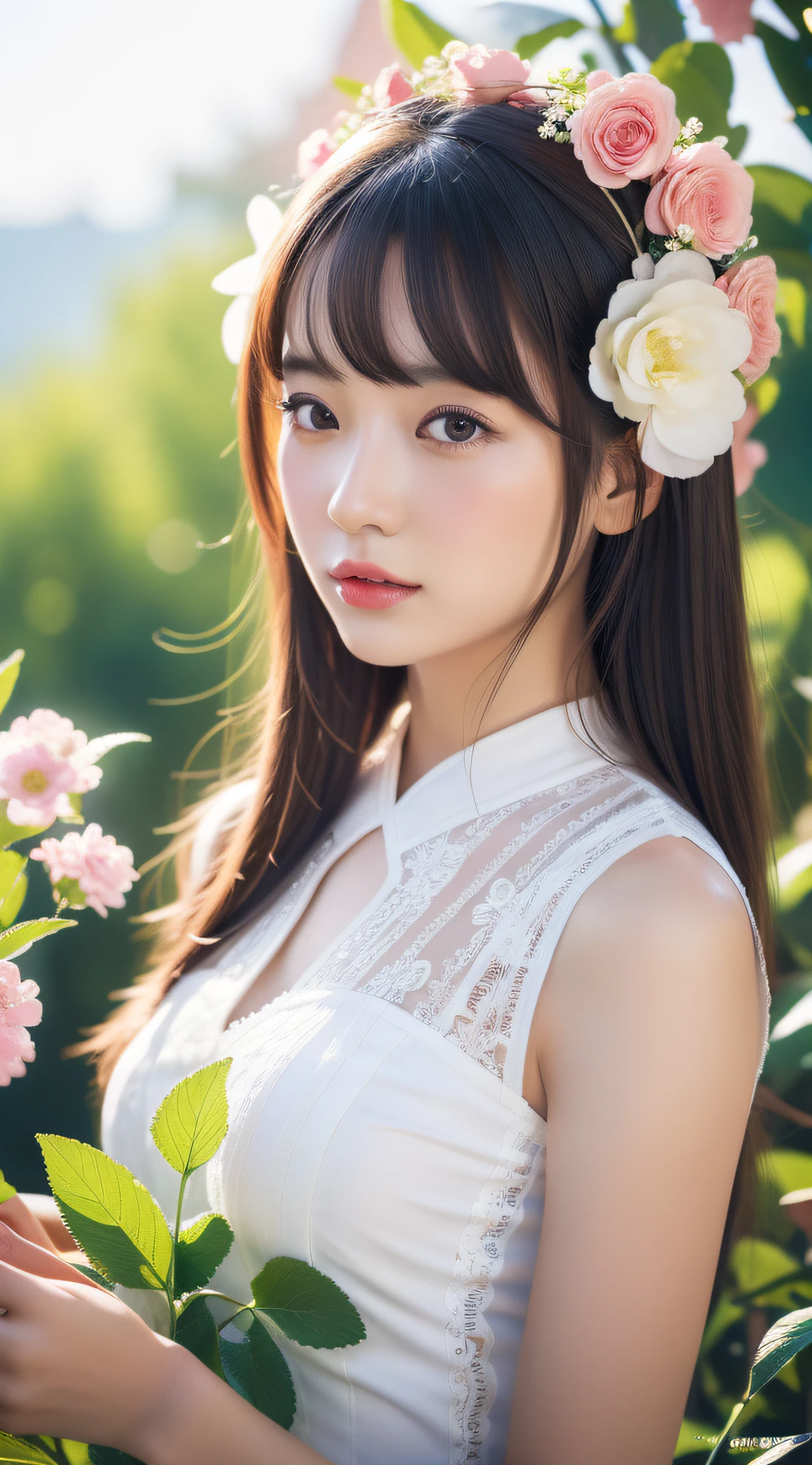 A girl with flowers in her hair, chinese girl, asian, 4K highly detailed digital art, beautiful digital artwork, beautiful art UHD 4K, beautiful digital illustration, gorgeous digital art, 4K detailed digital art, realistic digital art 4K, beautiful digital art, cute detailed digital art, stunning digital illustration, 8K high quality detailed art