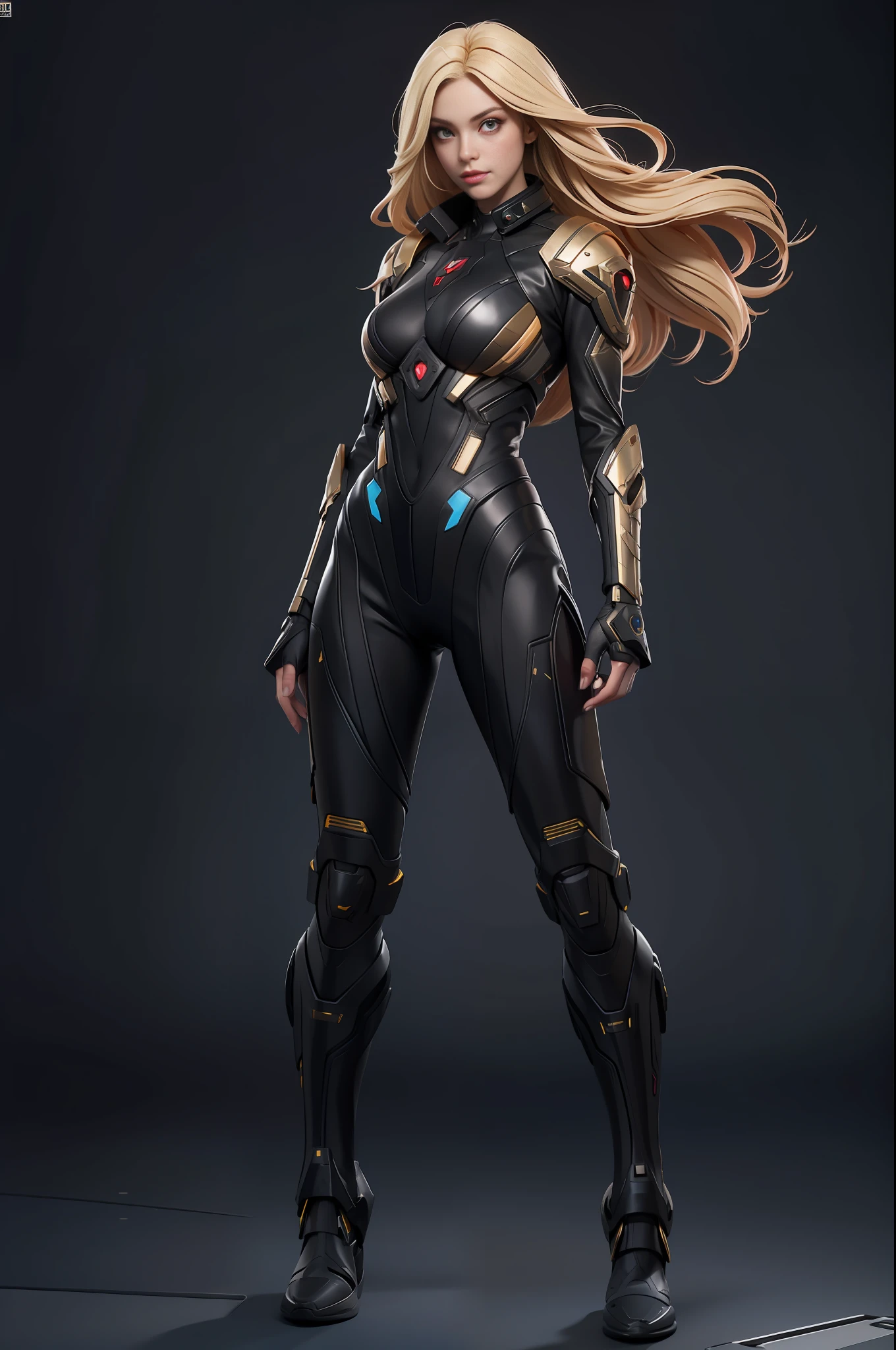 full body picture Unreal Engine 5 8K UHD of beautiful woman, blonde hair, shiny black tight futuristic special force suit, equipping futuristic weapon, cyberpunk world, beautiful make up, best quality, masterpiece