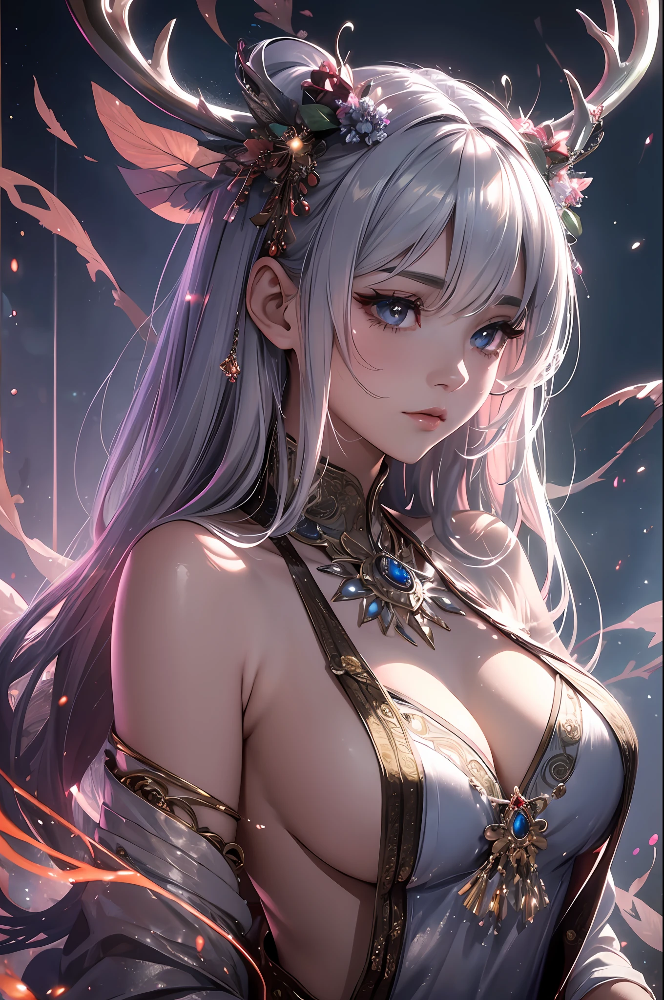 (photorealistic:1.3), ultra detailed, beautiful and aesthetic, masterpiece, best quality, lifelike rendering, moody lighting, 1girl,solo, silver-red sleeveless Japanese shrine maiden dress, breasts, cleavage, fantastical deer horns, (glowing ambiance, attractive beauty, enchanting radiance, luminous lighting, ethereal atmosphere, mesmerizing glow, evocative hues, captivating coloration, dramatic lighting, enchanting aura)
