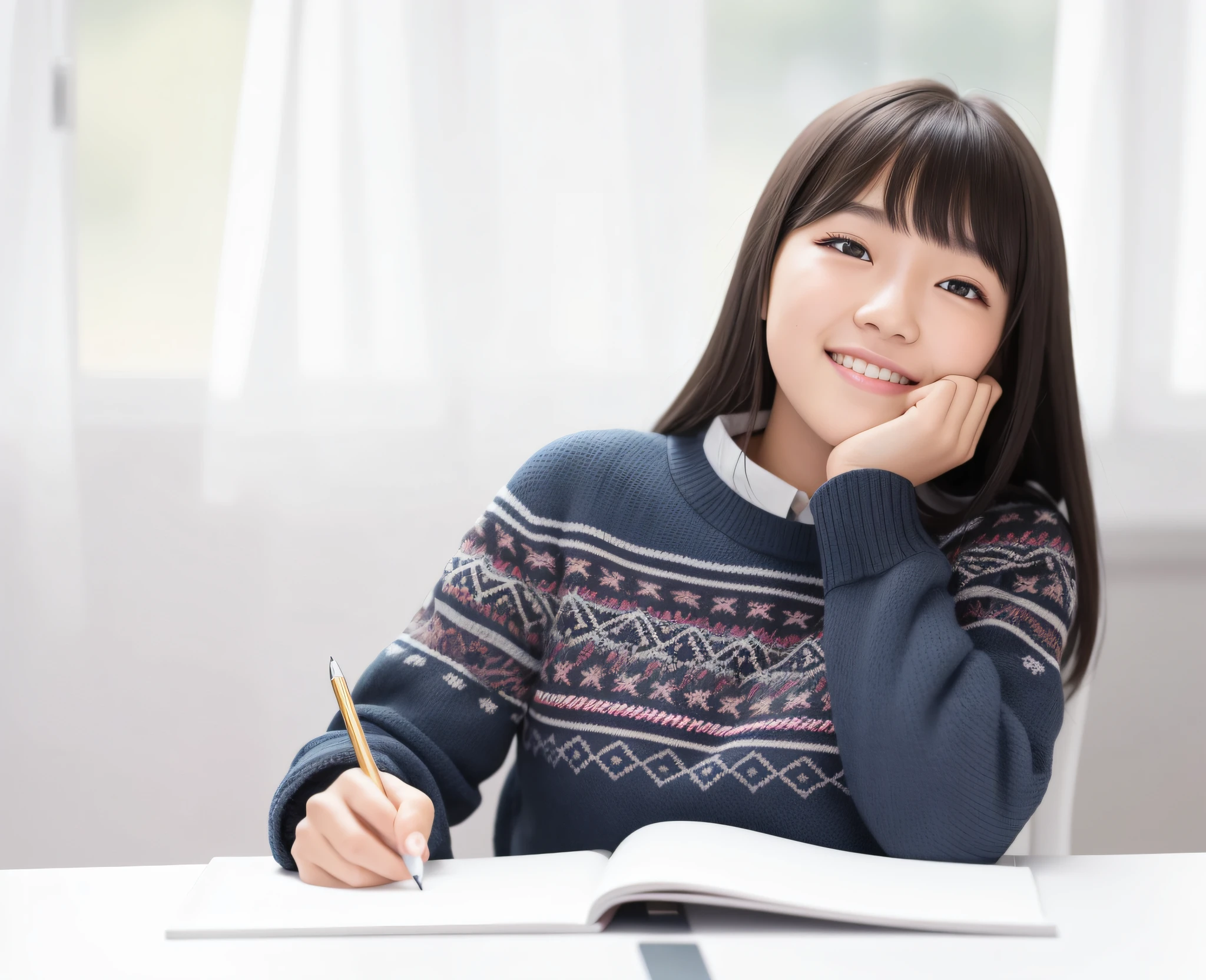 (Masterpiece, highest quality:1.2), surrealist elementary school student, smile, laughter, black hair, small breasts, *********** sitting on a chair and writing in a notebook on a desk, bright face with lights, 10-year-old korean girl, student, whole subject shown in photo, young and cute girl, in classroom, portrait of female elementary school student, young and lovely korean face, schoolgirl studying, child, beginner, sitting in classroom, young lovely korean face, cute young woman,  Portrait of Korean Female Idol, Just Change Face, Ultra Real Detail, RAW Photo, Top Quality, (Realism: 1.2), Hand Finger Length Ultra Detail, DSLR, Background Super High Resolution Quality, Finger Ultra High, 5 Fingers, A Cup Full Body Photo, Fujifilm XT3, Full Body Shot, Professional Color Rating, Physics-Based Rendering, High Resolution, Front, f 2.4, 35mm, Concept Art, Will-o'-the-wisp's Overhead Angle, Funny Somali Emerald Deep Black Pinafore,  Hair styled with short hair, Appearance 360, Highless, [(Art by Willie Baumeister:1.1), (Art by John T. Biggers:1.2)::17], Official Art, Unity 8K wallpapers, Ultra detail, Aesthetics, Masterpiece, Best Quality, Realistic