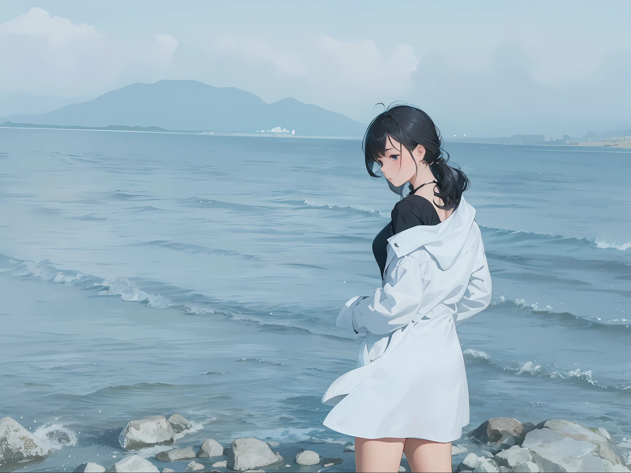 ((Best Quality)), ((Masterpiece)), redrawn with original drawing, a girl turns her head down and looks at the ground, her hair is ruffled by the wind, she is wearing black clothes, she is wearing a long white coat that is blown to the left, the sun shines on messy hair and a long white coat, the background is reef and waves, the background extends backwards, extreme detail, post-processing, large aperture, low ISO, white balance, maximum sharpness, 8K RAW