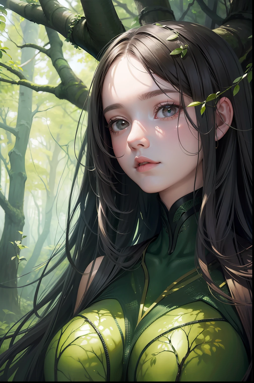 A huge tree, a girl who was taken in by the tree, almost all of her body except for her face has been assimilated, and she has become part of the forest along with the tree. noone else can enter her, and thus become part of the forest, full body shot, concept art, realistic painting, digital art