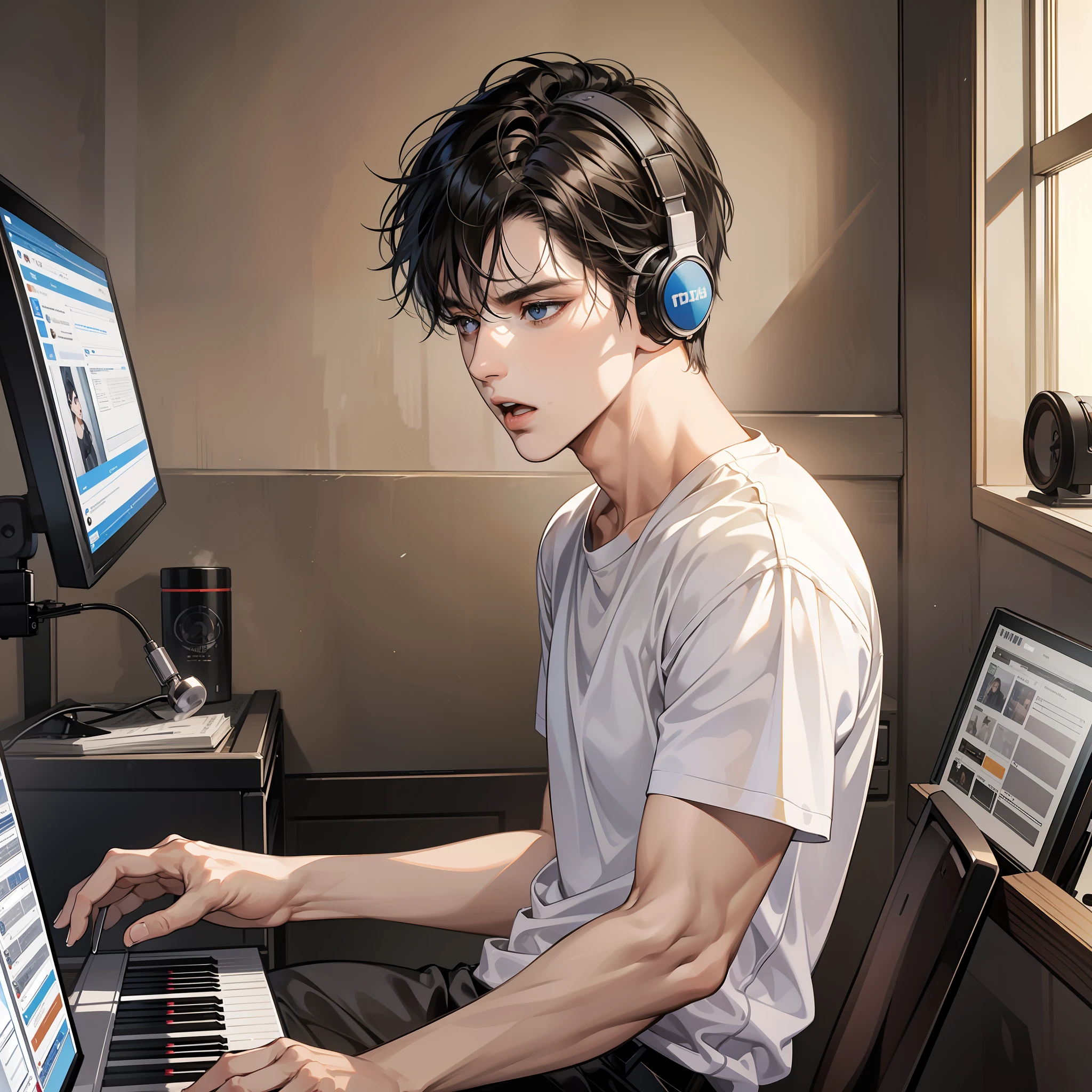 Masterpiece, high quality, best quality, HD, realistic, perfect lighting, detailed body, 1 man, short black hair, white t-shirt, serious expression, open mouth, singing, sitting playing piano, wearing headphones, facing the computer monitor, in the room waiting for the start